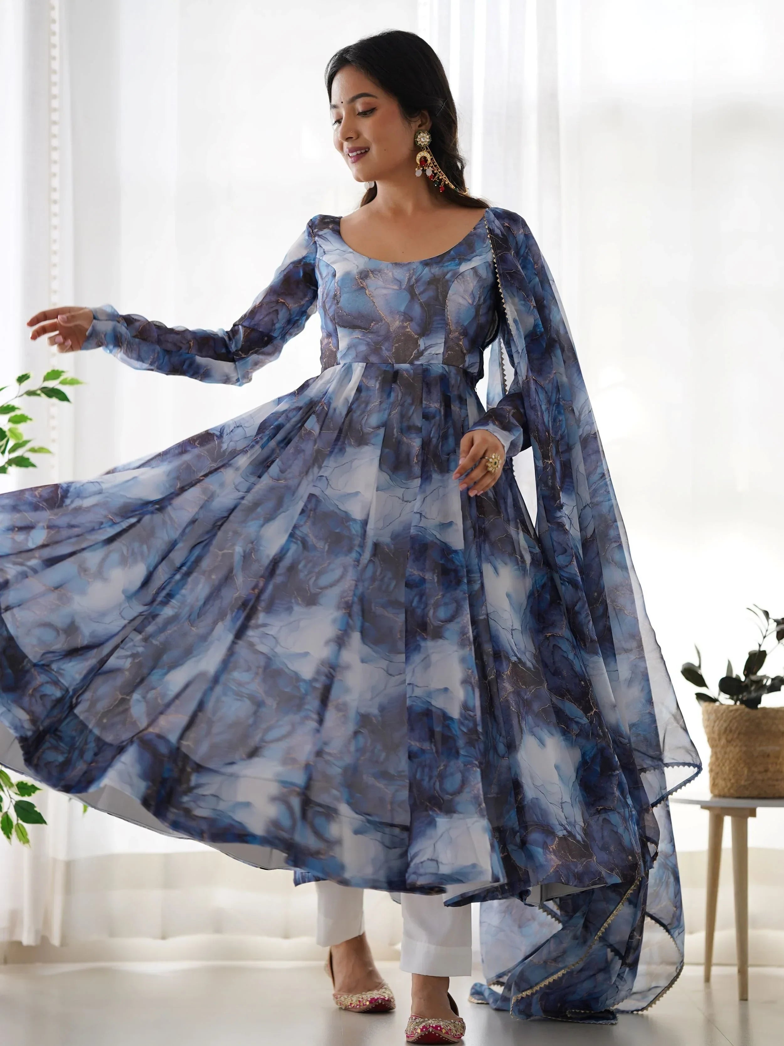 Navy Beautiful Organza Digital Printed Anarkali Suit