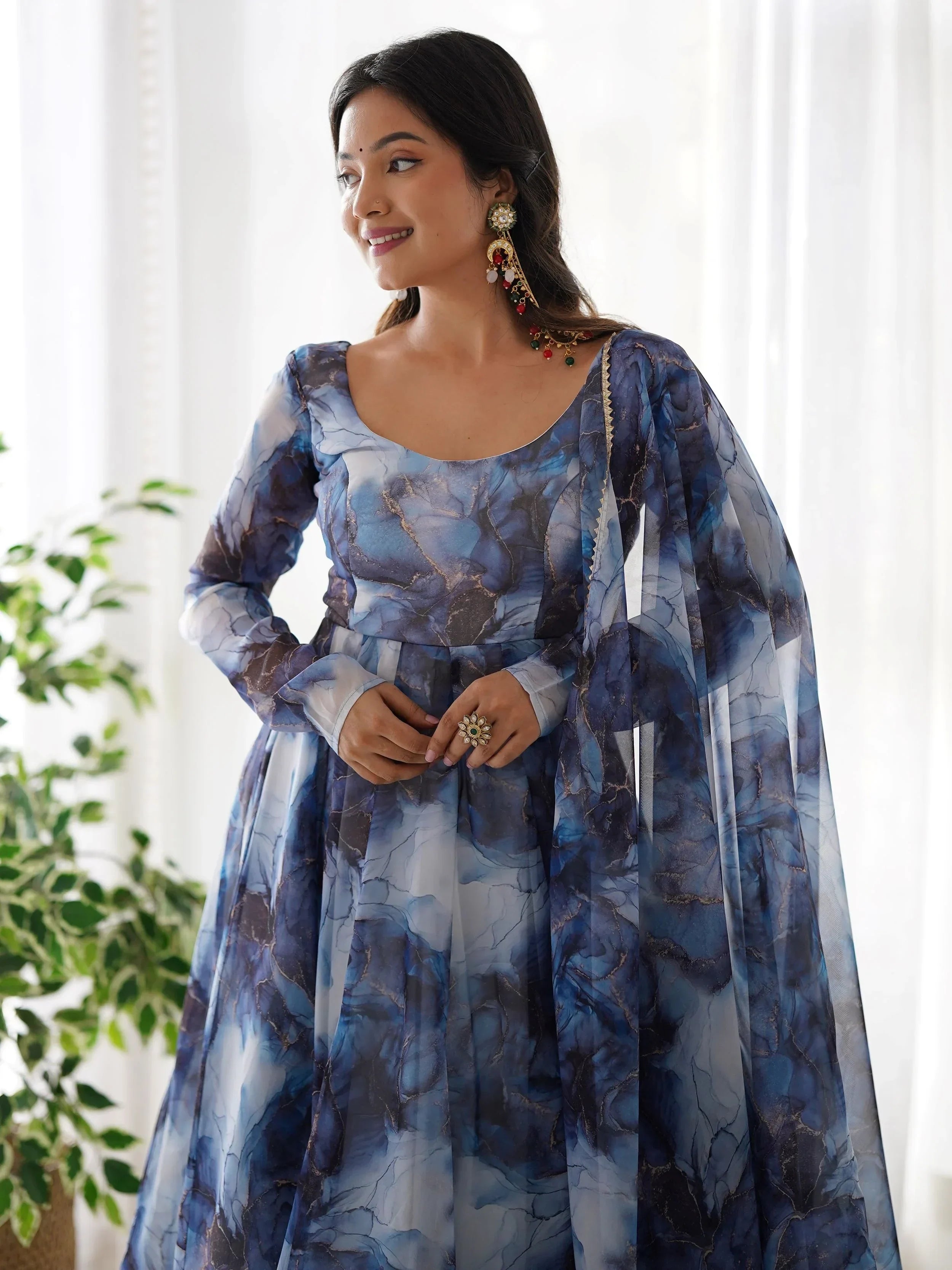 Navy Beautiful Organza Digital Printed Anarkali Suit