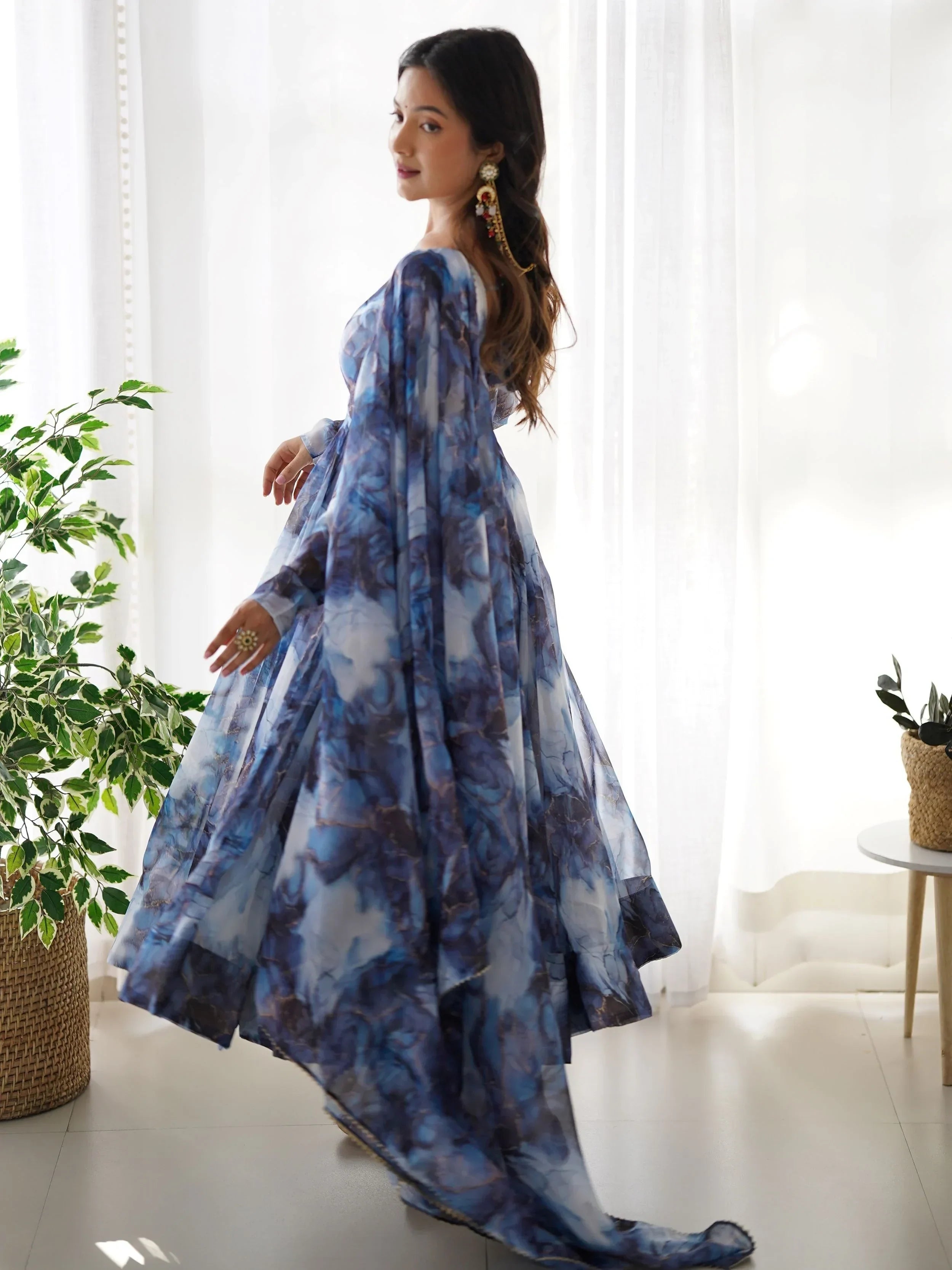 Navy Beautiful Organza Digital Printed Anarkali Suit