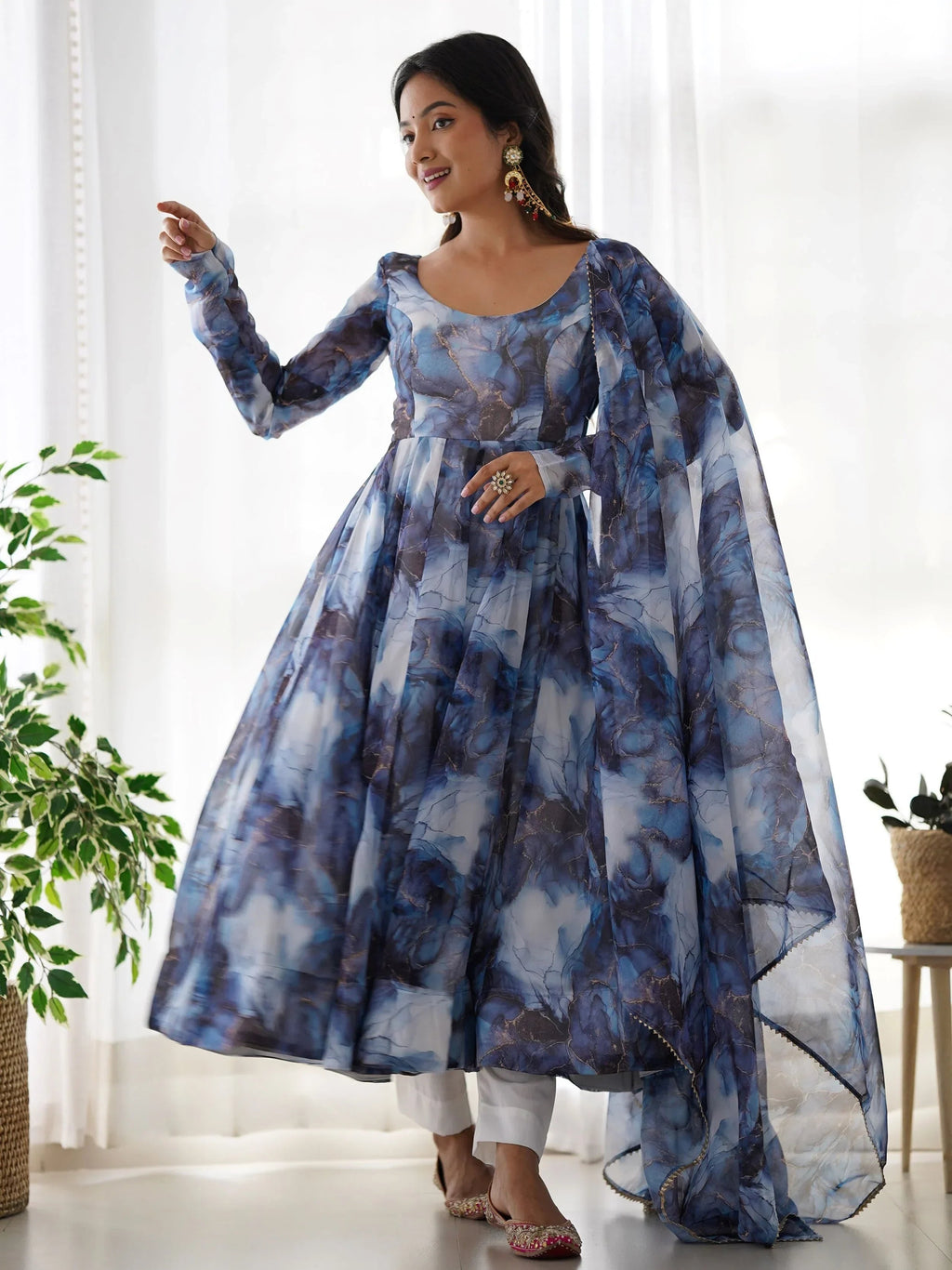 Navy Beautiful Organza Digital Printed Anarkali Suit