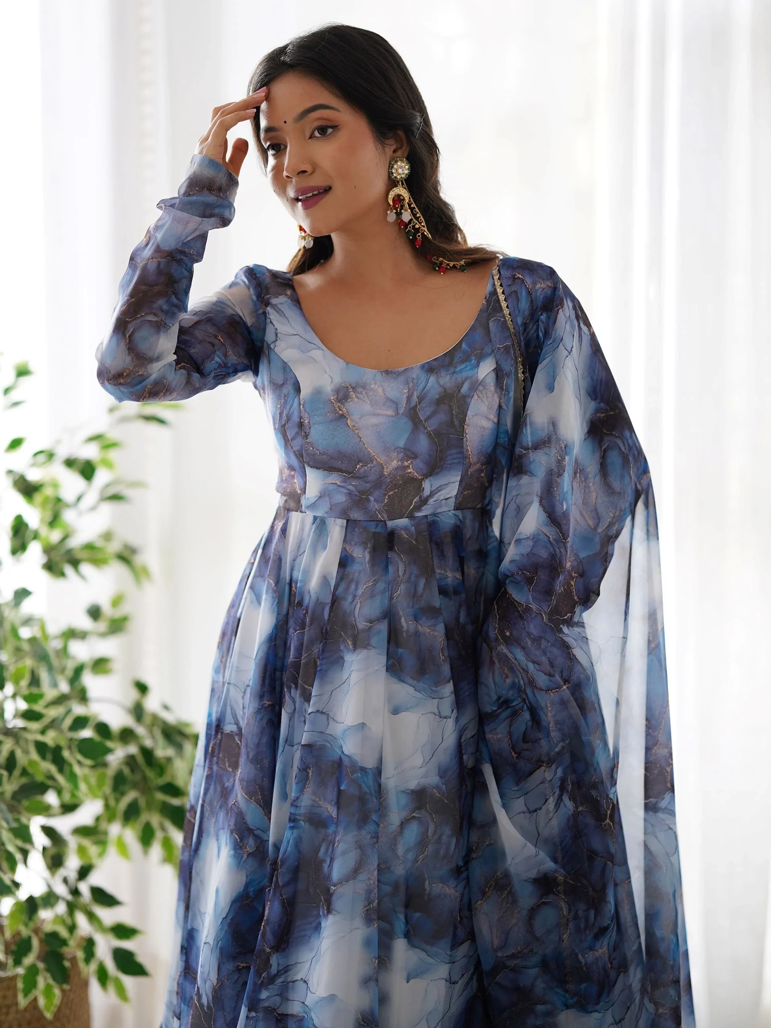 Navy Beautiful Organza Digital Printed Anarkali Suit