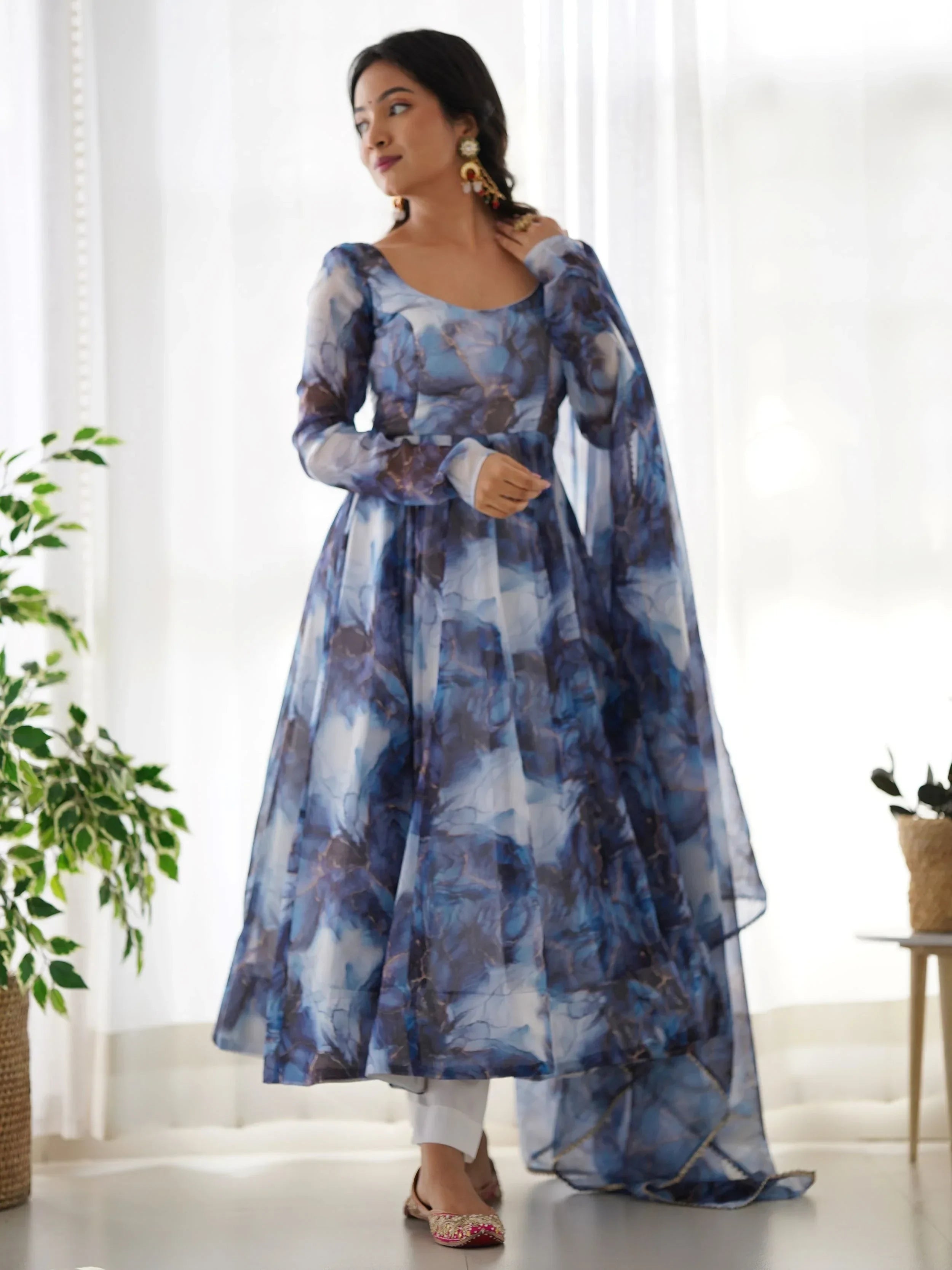 Navy Beautiful Organza Digital Printed Anarkali Suit