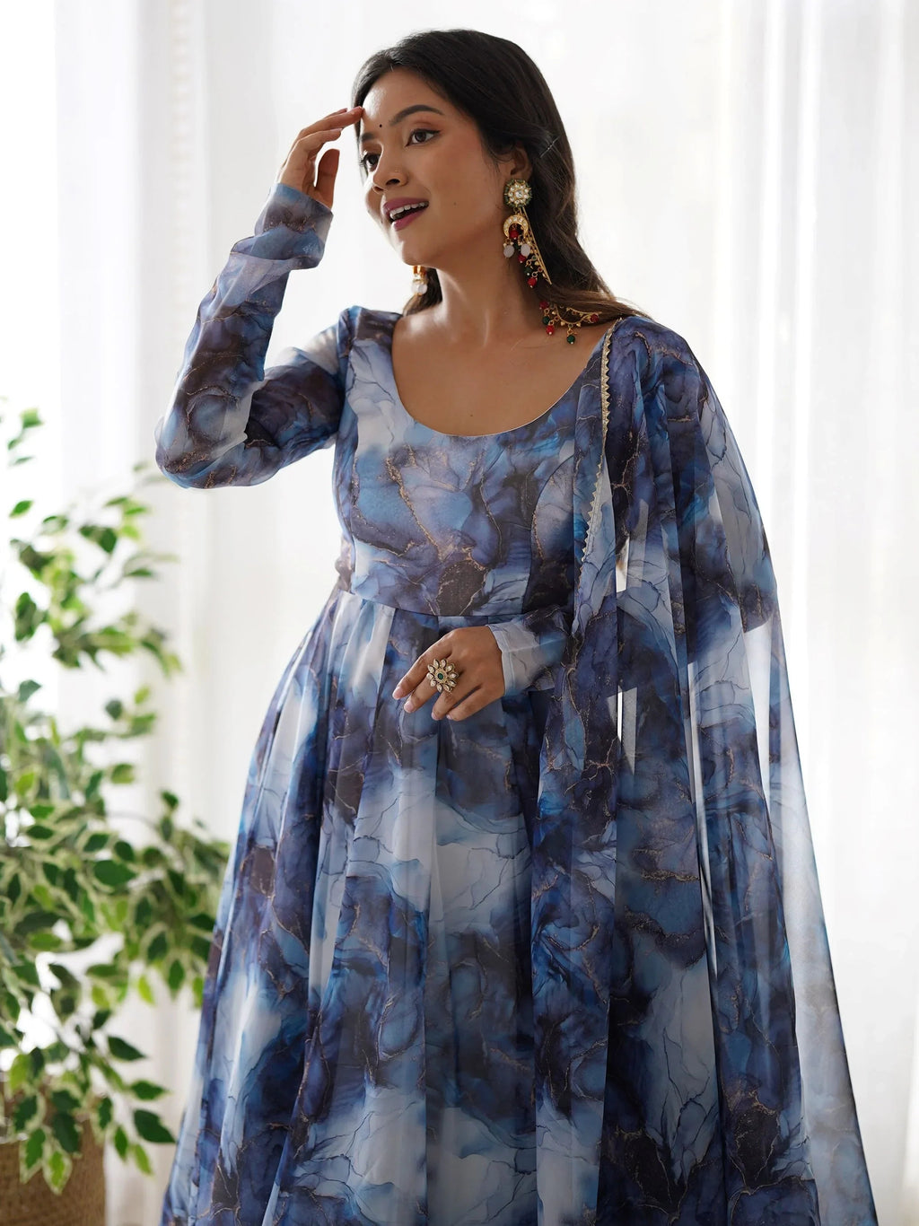Navy Beautiful Organza Digital Printed Anarkali Suit