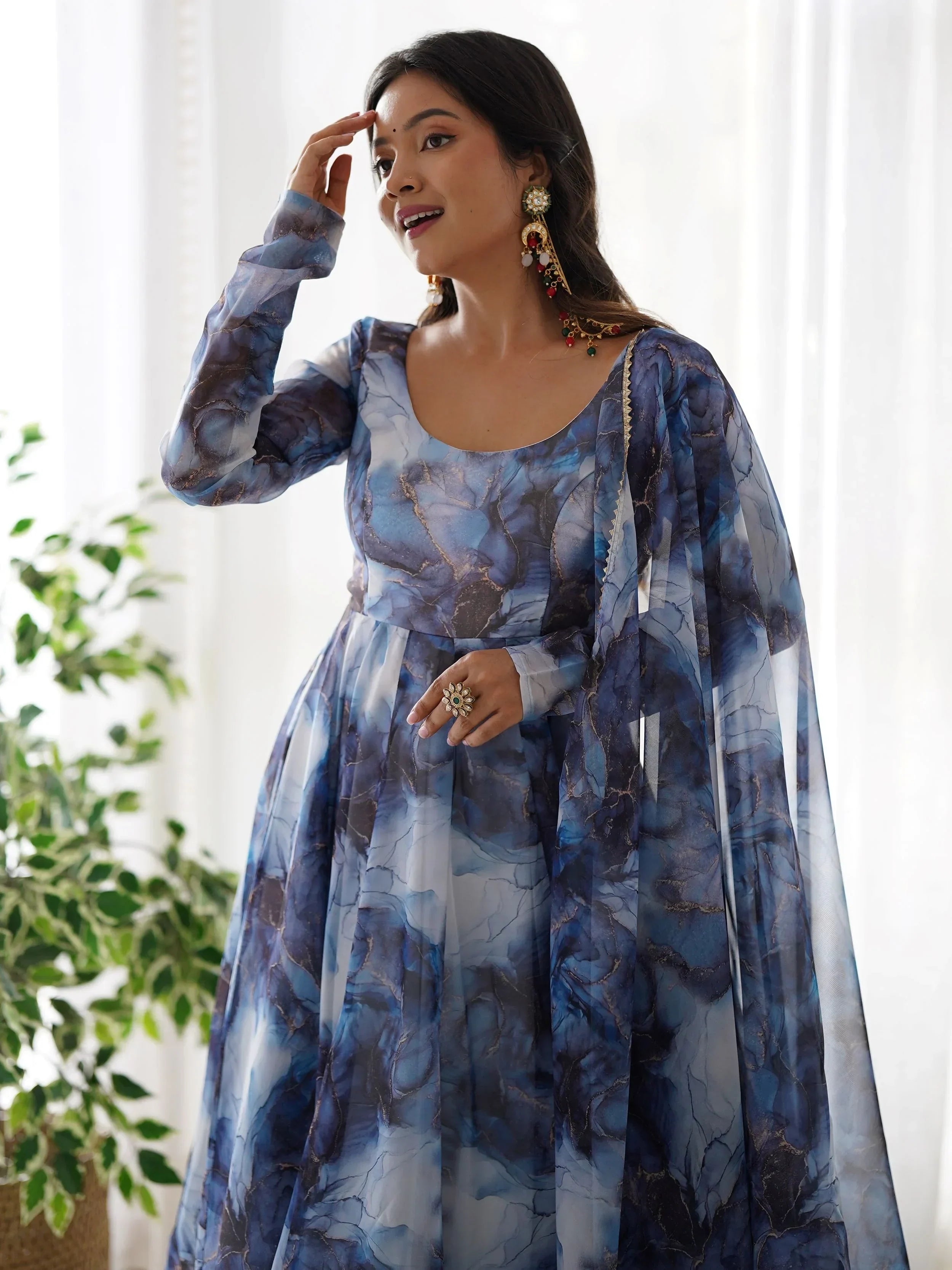 Navy Beautiful Organza Digital Printed Anarkali Suit