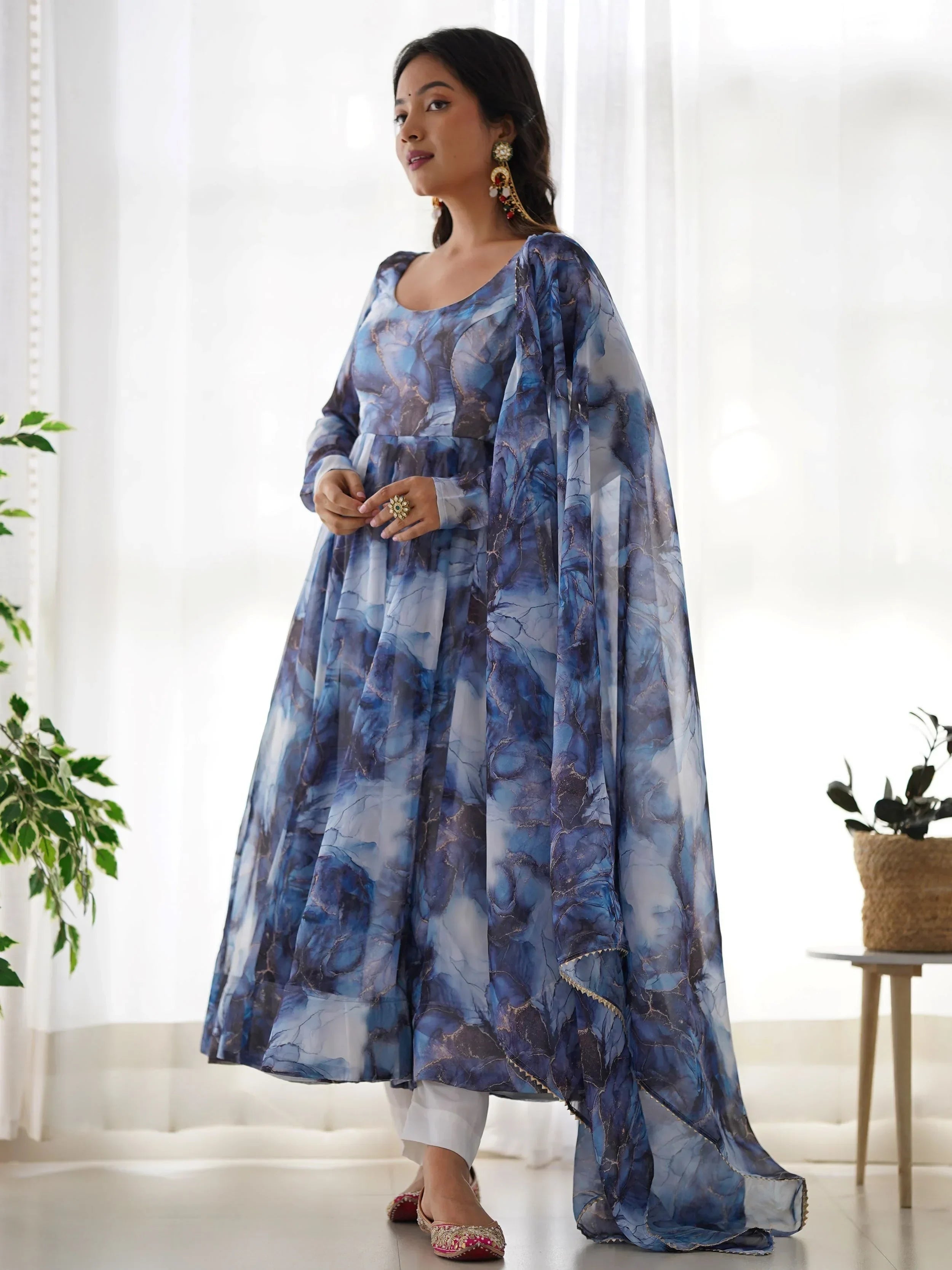 Navy Beautiful Organza Digital Printed Anarkali Suit