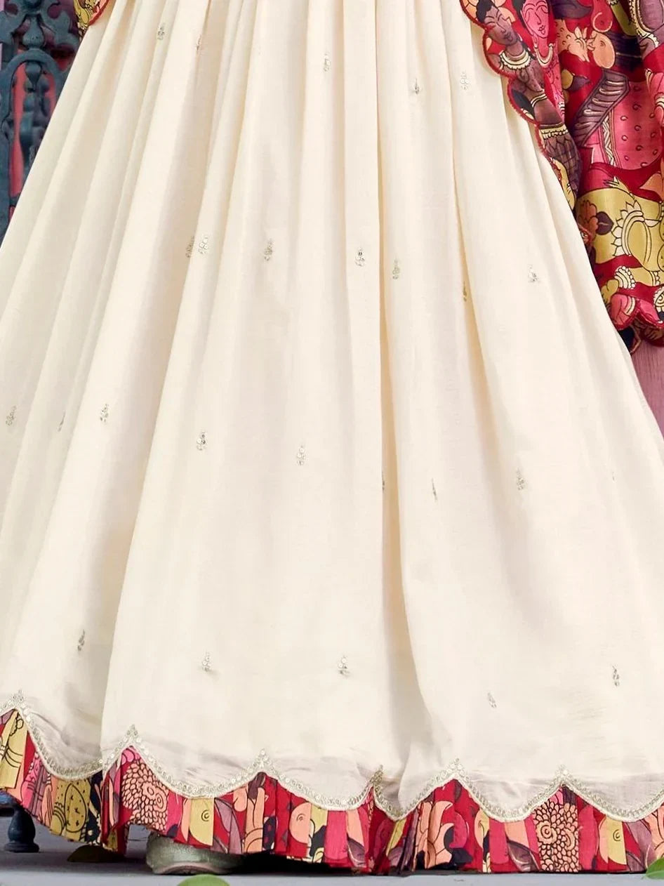 Off White Gorgeous Thread Work Vichitra Silk Festive Wear Lehenga Choli