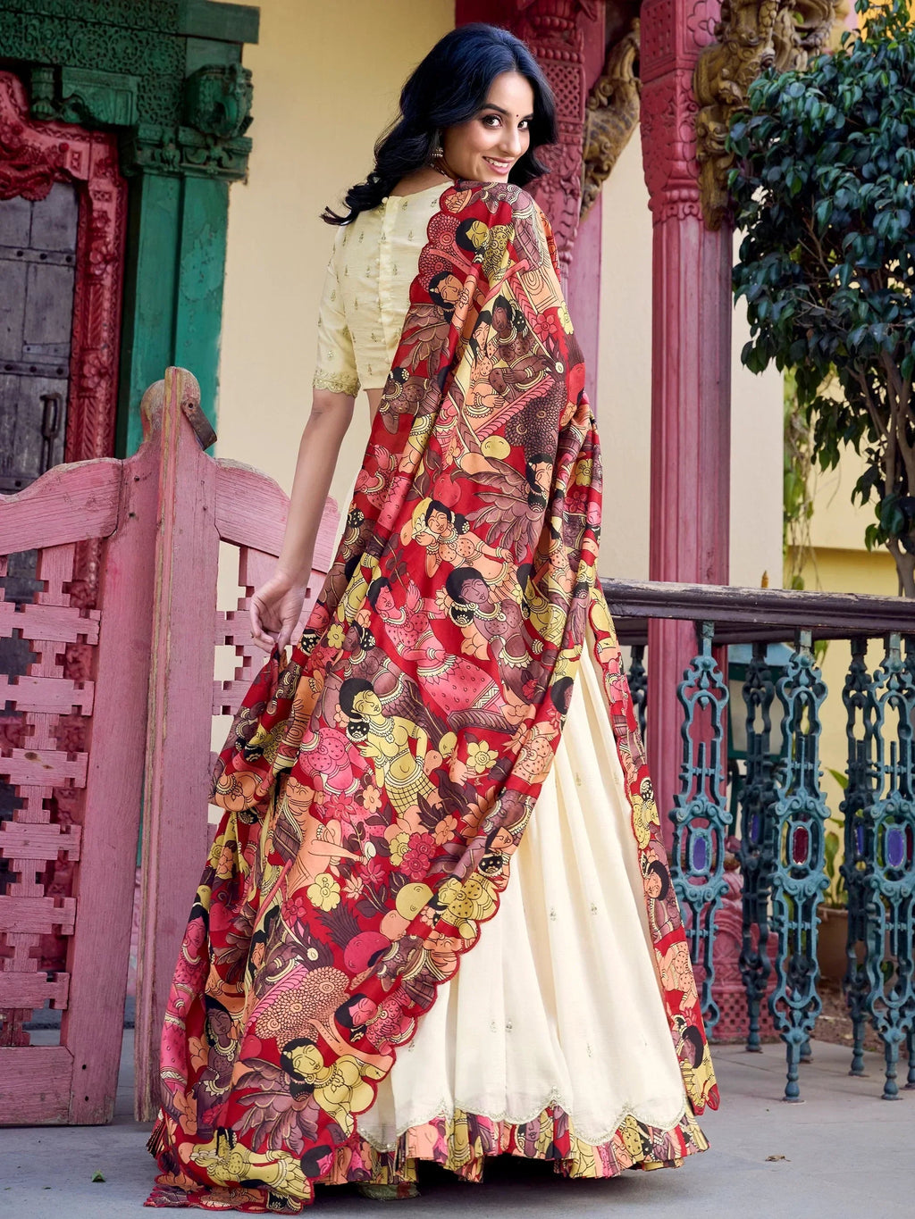 Off White Gorgeous Thread Work Vichitra Silk Festive Wear Lehenga Choli