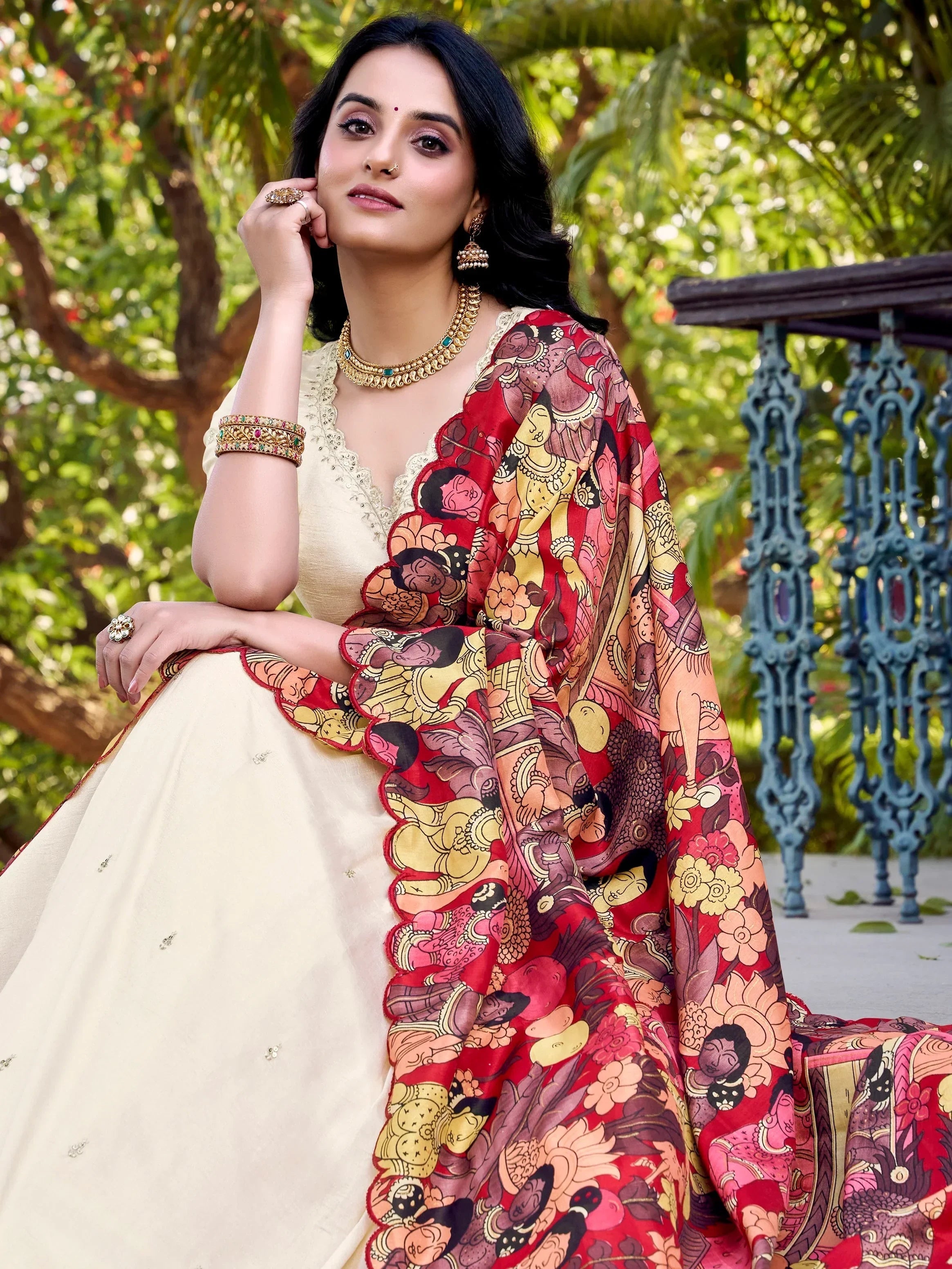 Off White Gorgeous Thread Work Vichitra Silk Festive Wear Lehenga Choli