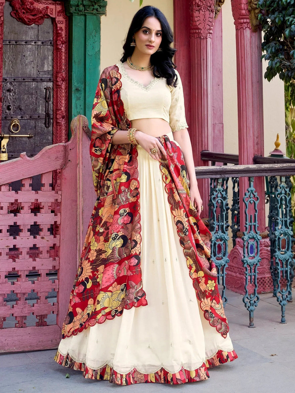 Off White Gorgeous Thread Work Vichitra Silk Festive Wear Lehenga Choli