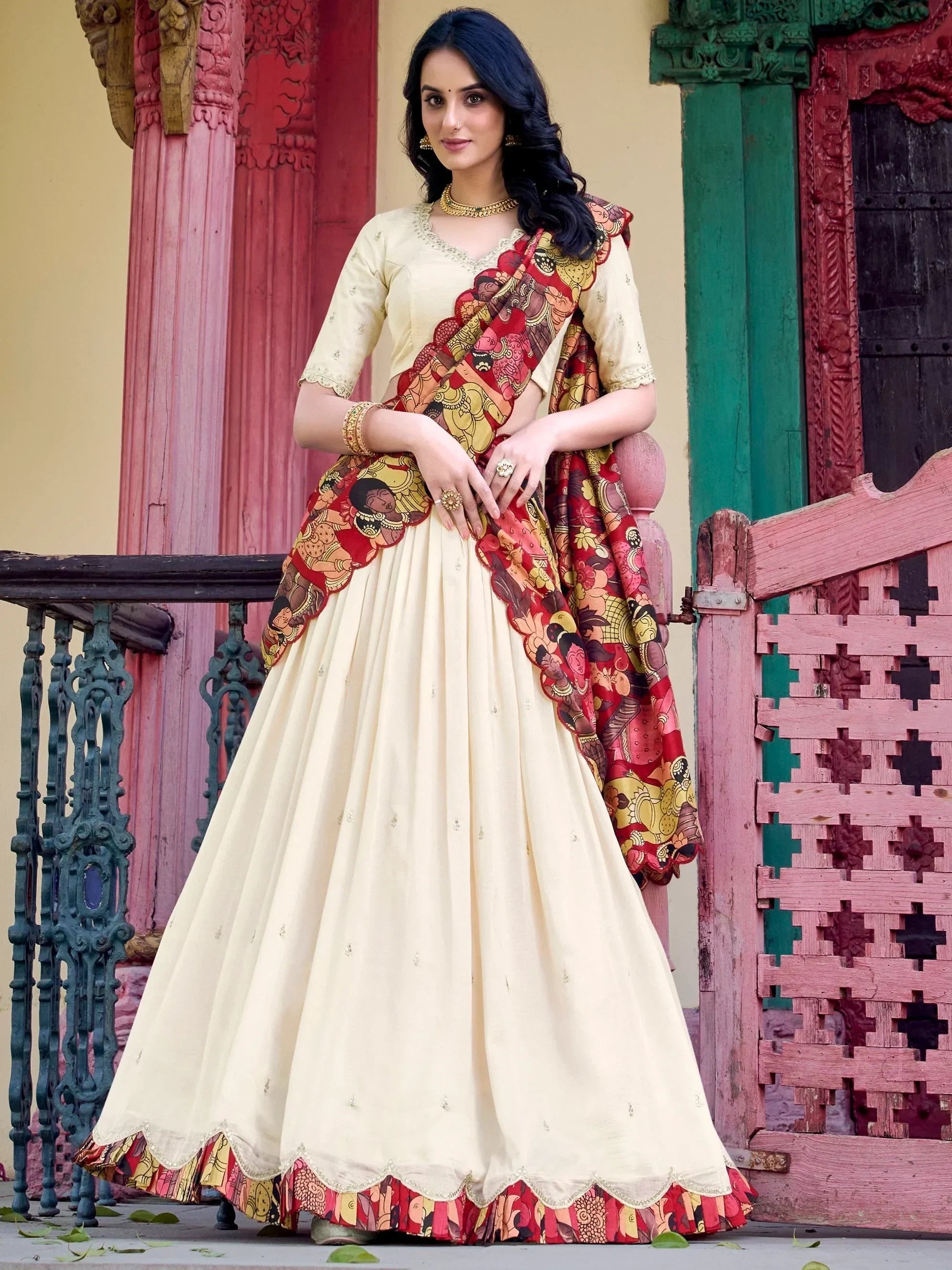 Off White Gorgeous Thread Work Vichitra Silk Festive Wear Lehenga Choli