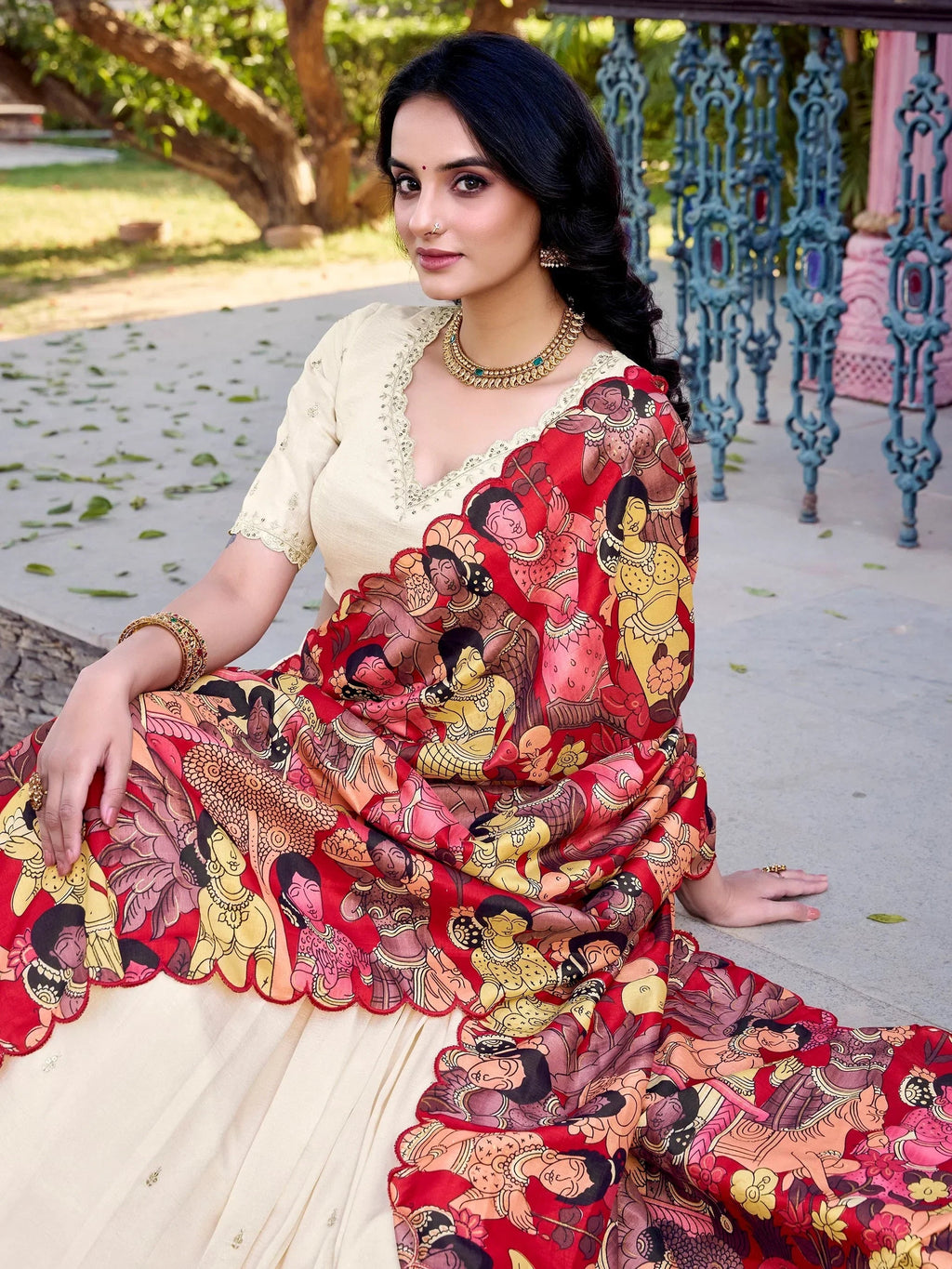 Off White Gorgeous Thread Work Vichitra Silk Festive Wear Lehenga Choli