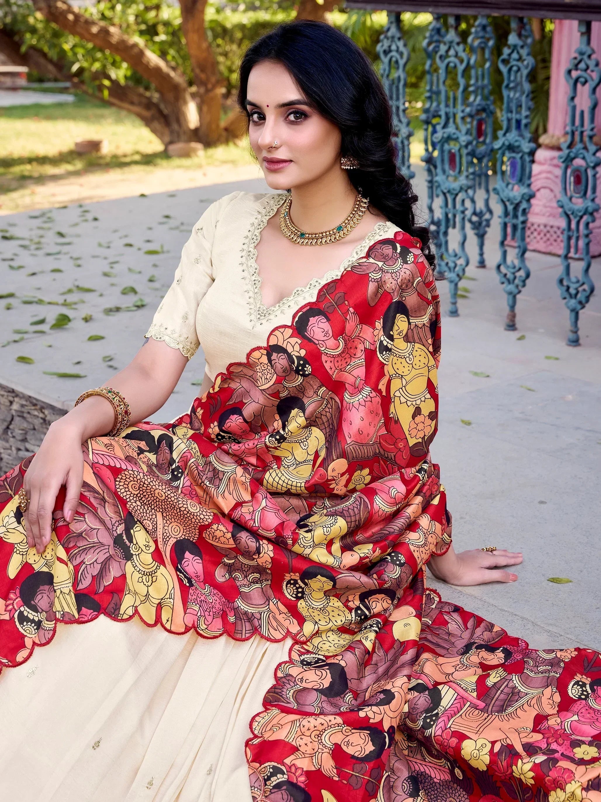 Off White Gorgeous Thread Work Vichitra Silk Festive Wear Lehenga Choli