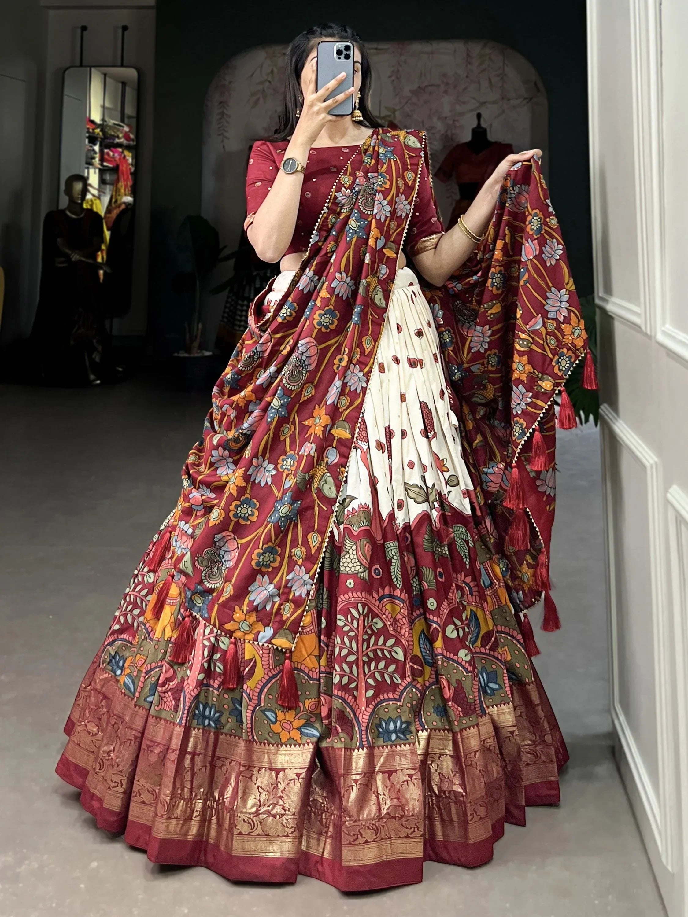 Off White Fetching Kalamkari Print Tussar Silk Festival Wear Lehenga Choli