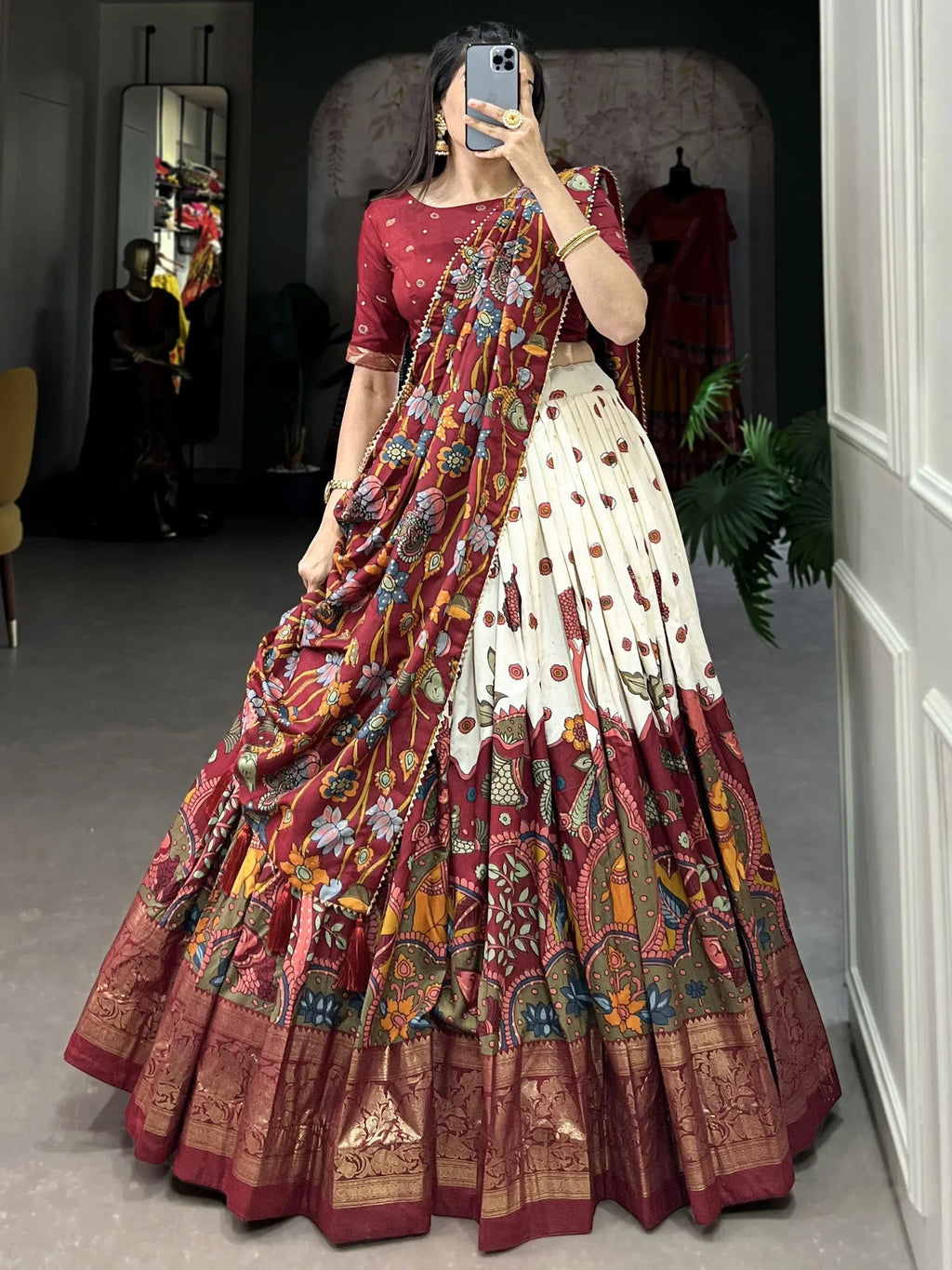 Off White Fetching Kalamkari Print Tussar Silk Festival Wear Lehenga Choli