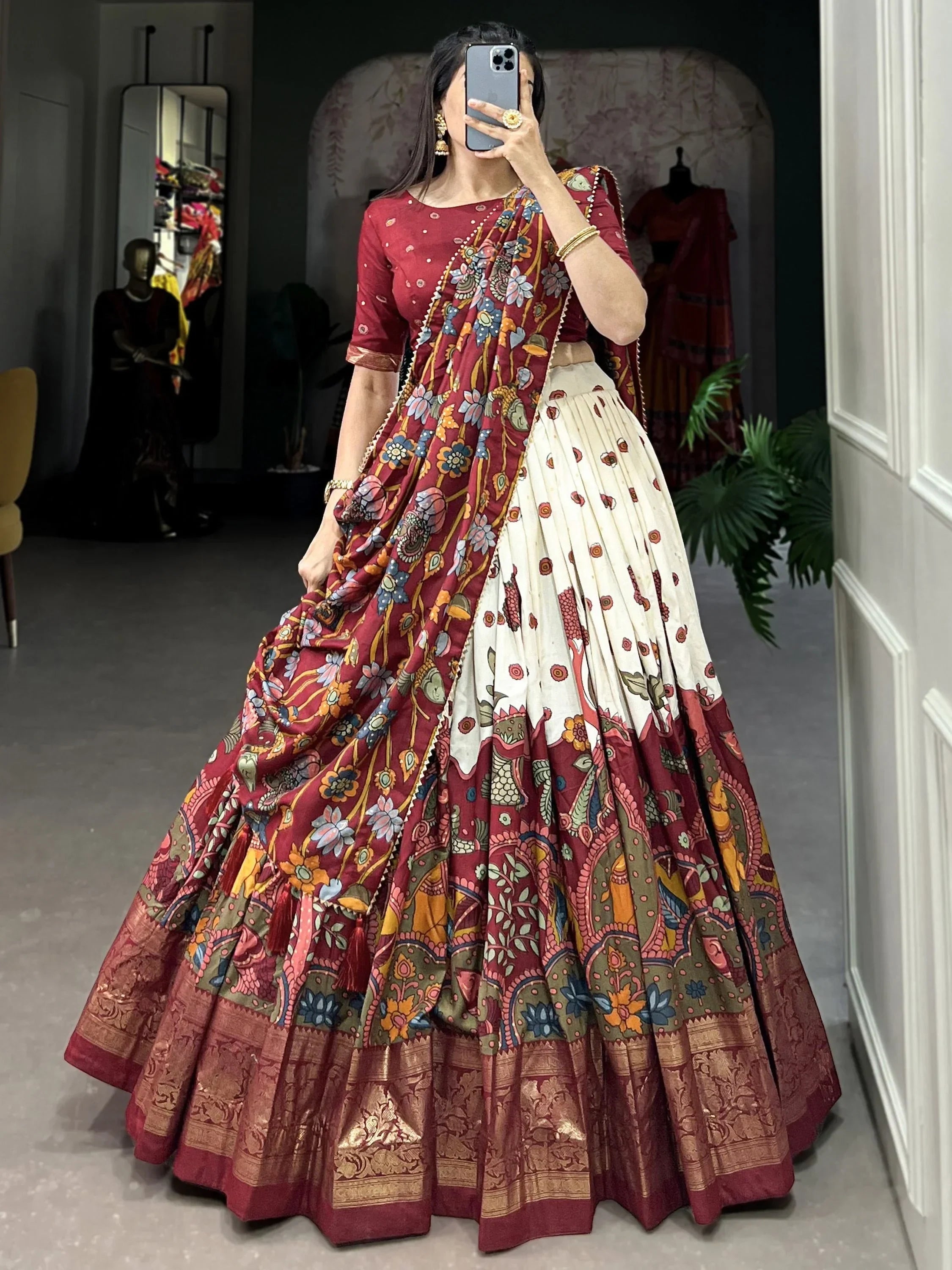 Off White Fetching Kalamkari Print Tussar Silk Festival Wear Lehenga Choli