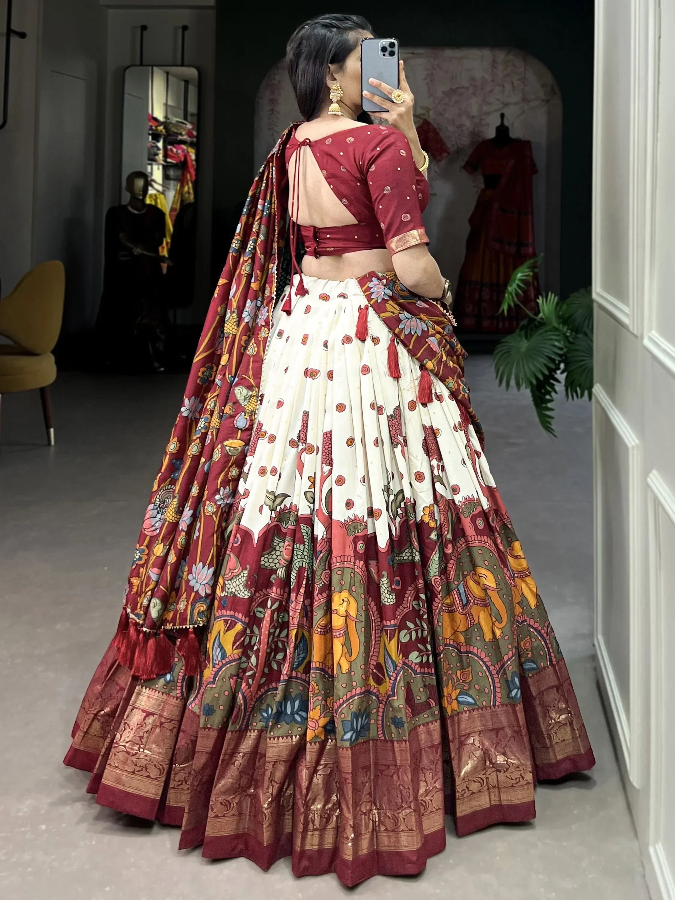 Off White Fetching Kalamkari Print Tussar Silk Festival Wear Lehenga Choli