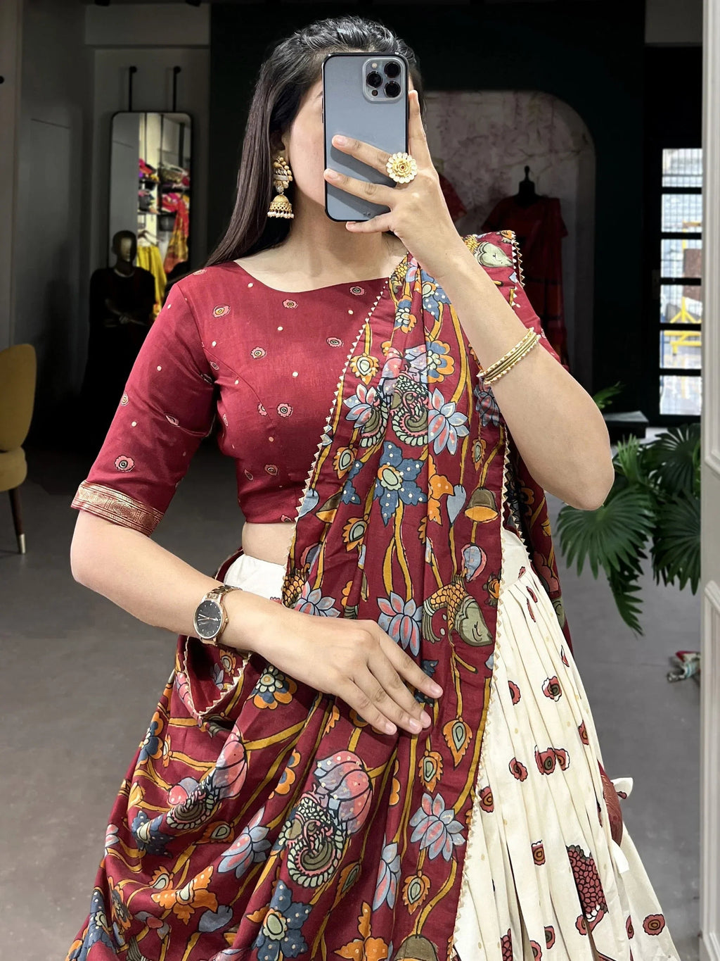 Off White Fetching Kalamkari Print Tussar Silk Festival Wear Lehenga Choli