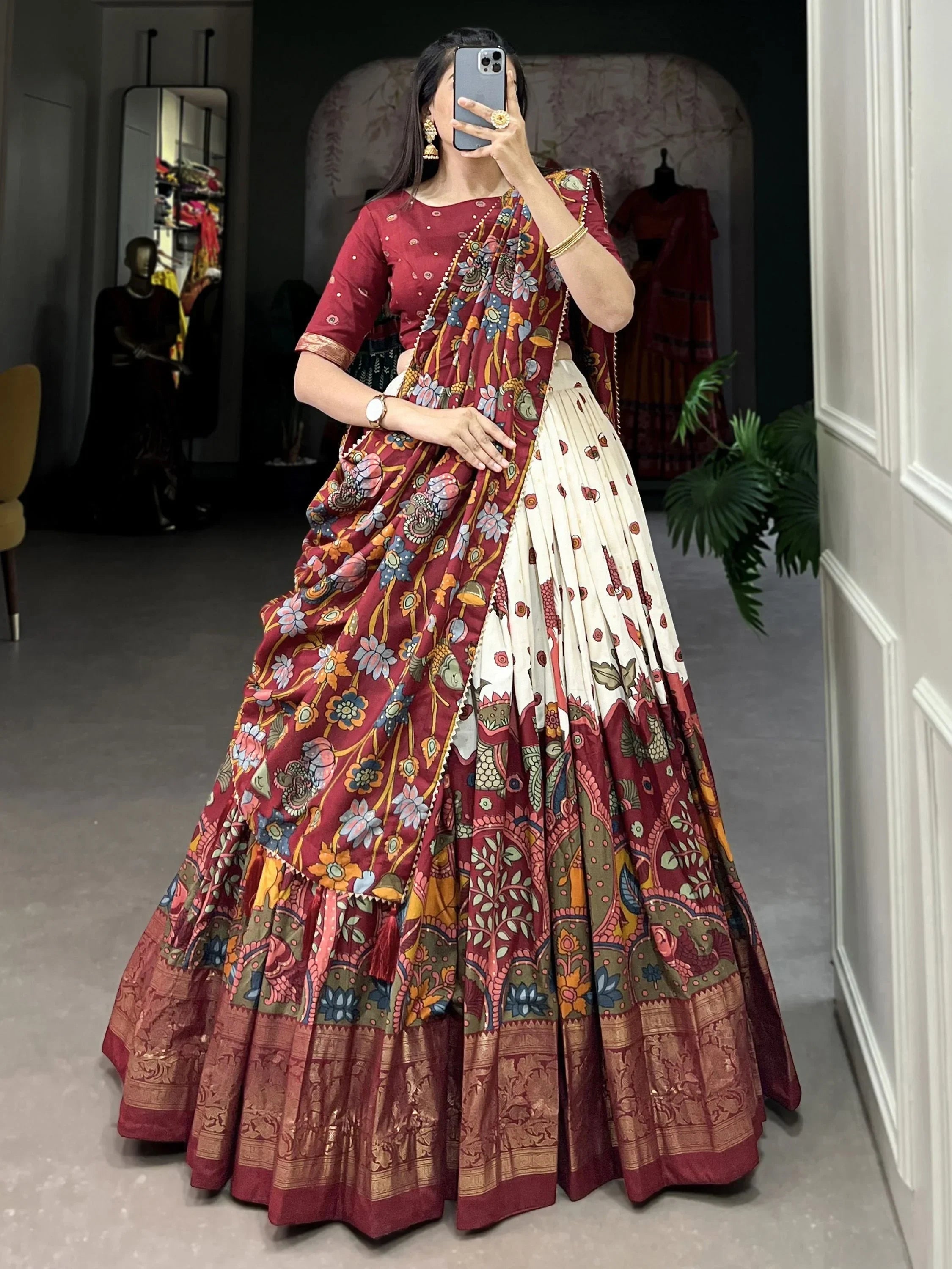 Off White Fetching Kalamkari Print Tussar Silk Festival Wear Lehenga Choli