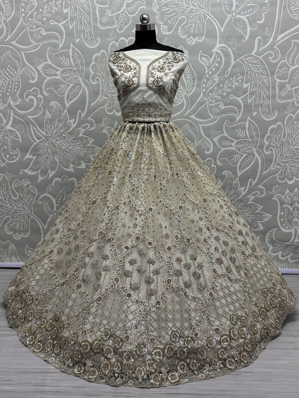 Off White Wonderful Zircon Work Net Bridesmaid Lehenga Choli With Dupatta