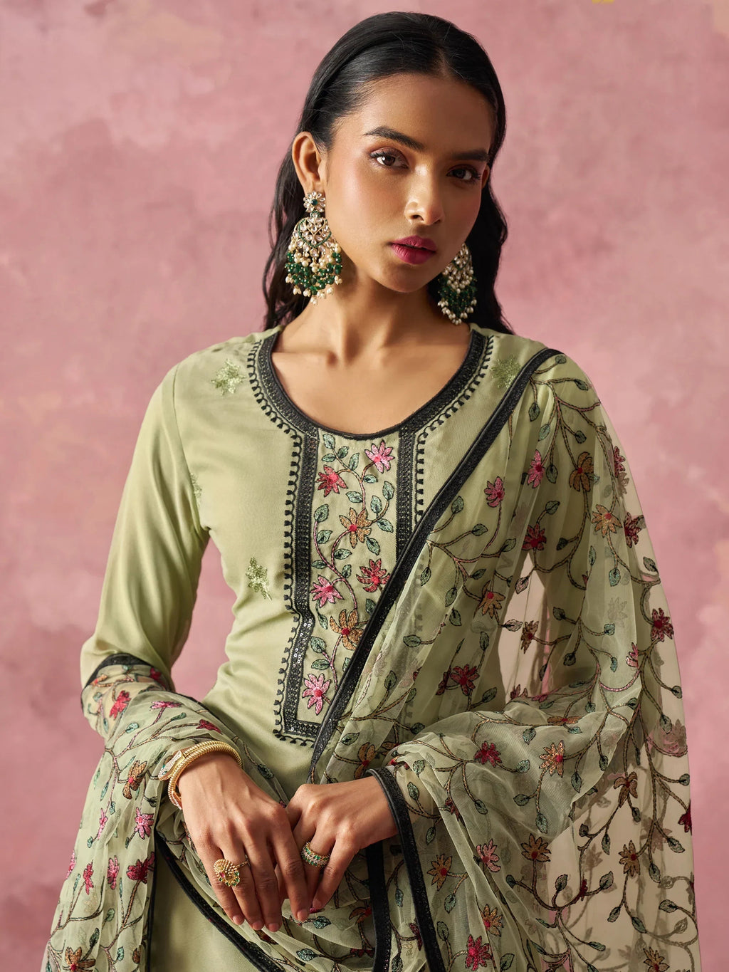 Beautiful Pastel Green Georgette Thread Embroidered Straight Suit