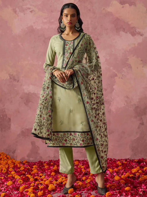 Beautiful Pastel Green Georgette Thread Embroidered Straight Suit