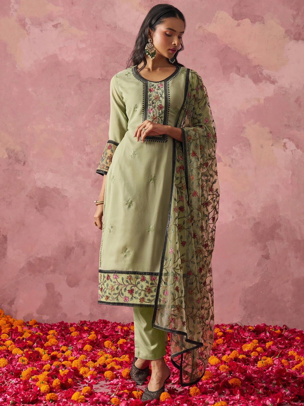 Beautiful Pastel Green Georgette Thread Embroidered Straight Suit