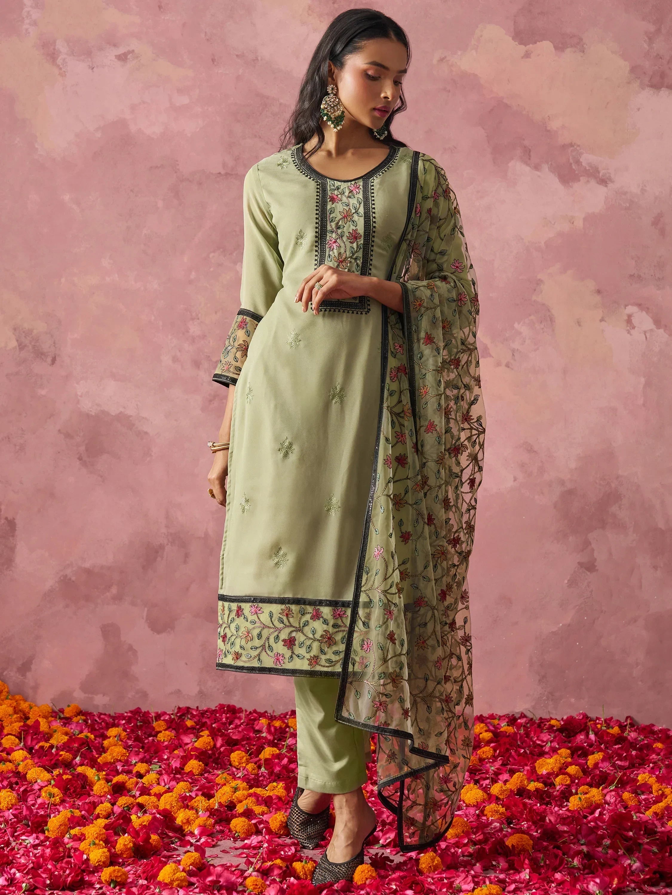 Beautiful Pastel Green Georgette Thread Embroidered Straight Suit