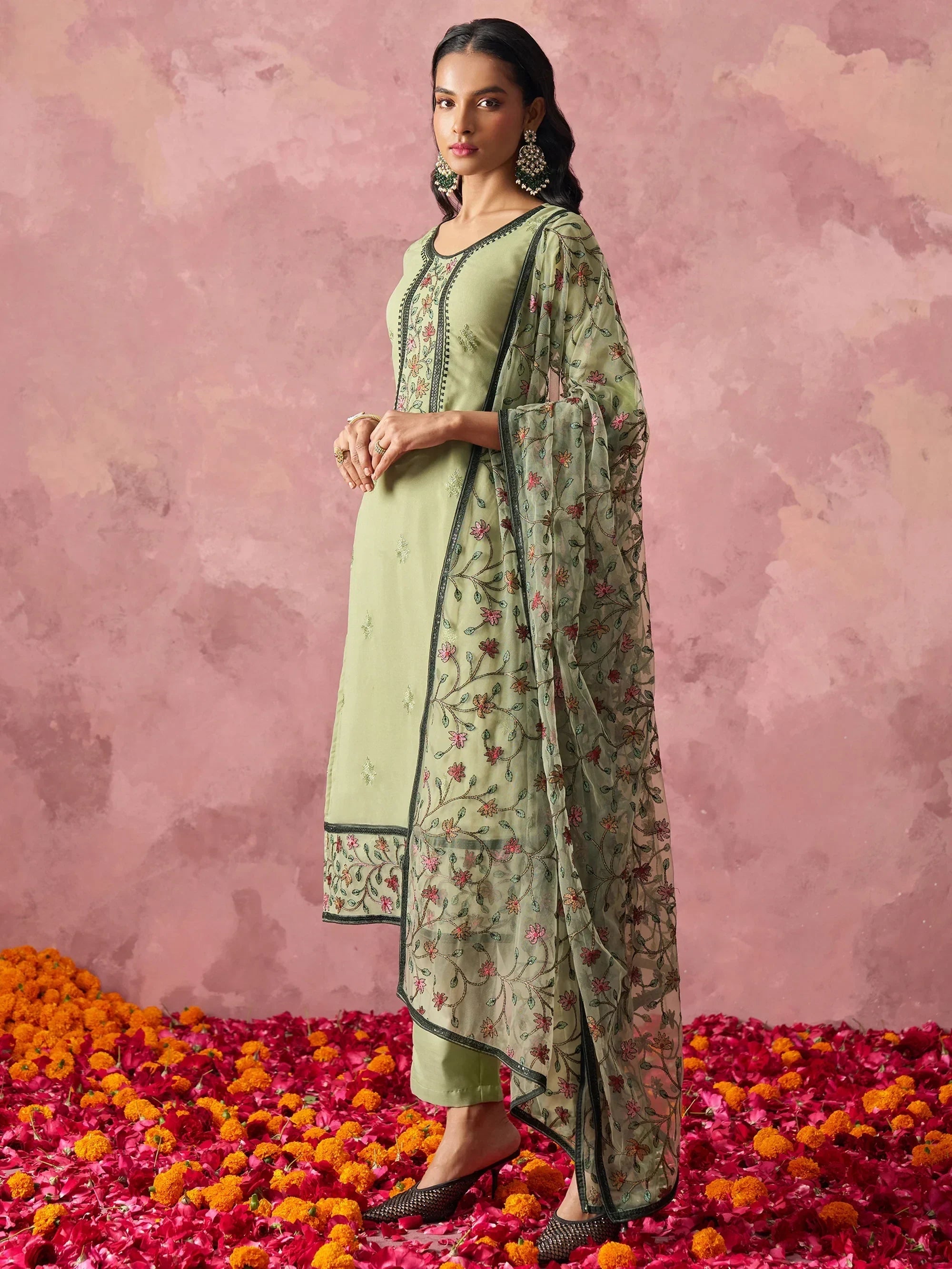 Beautiful Pastel Green Georgette Thread Embroidered Straight Suit