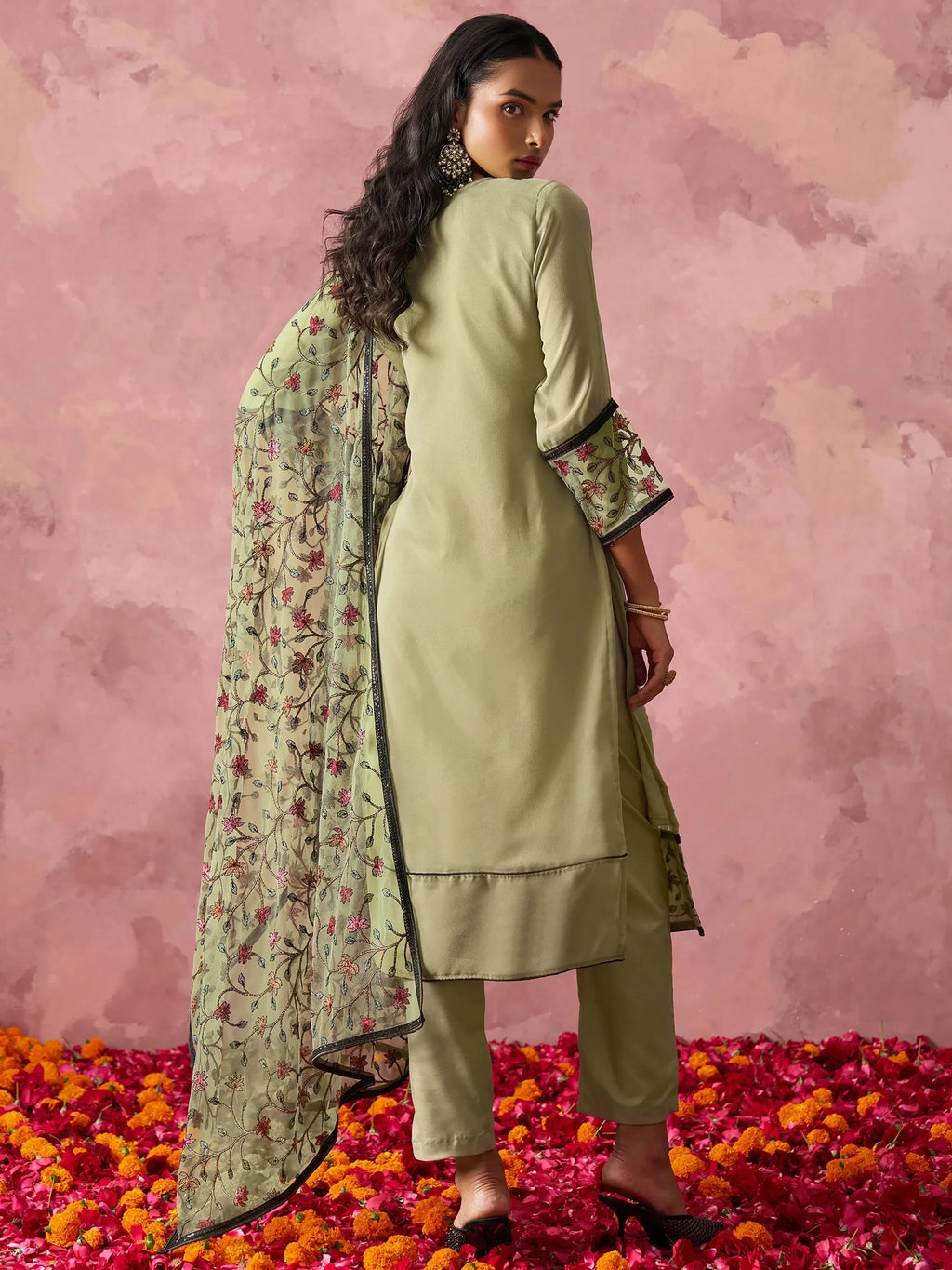Beautiful Pastel Green Georgette Thread Embroidered Straight Suit