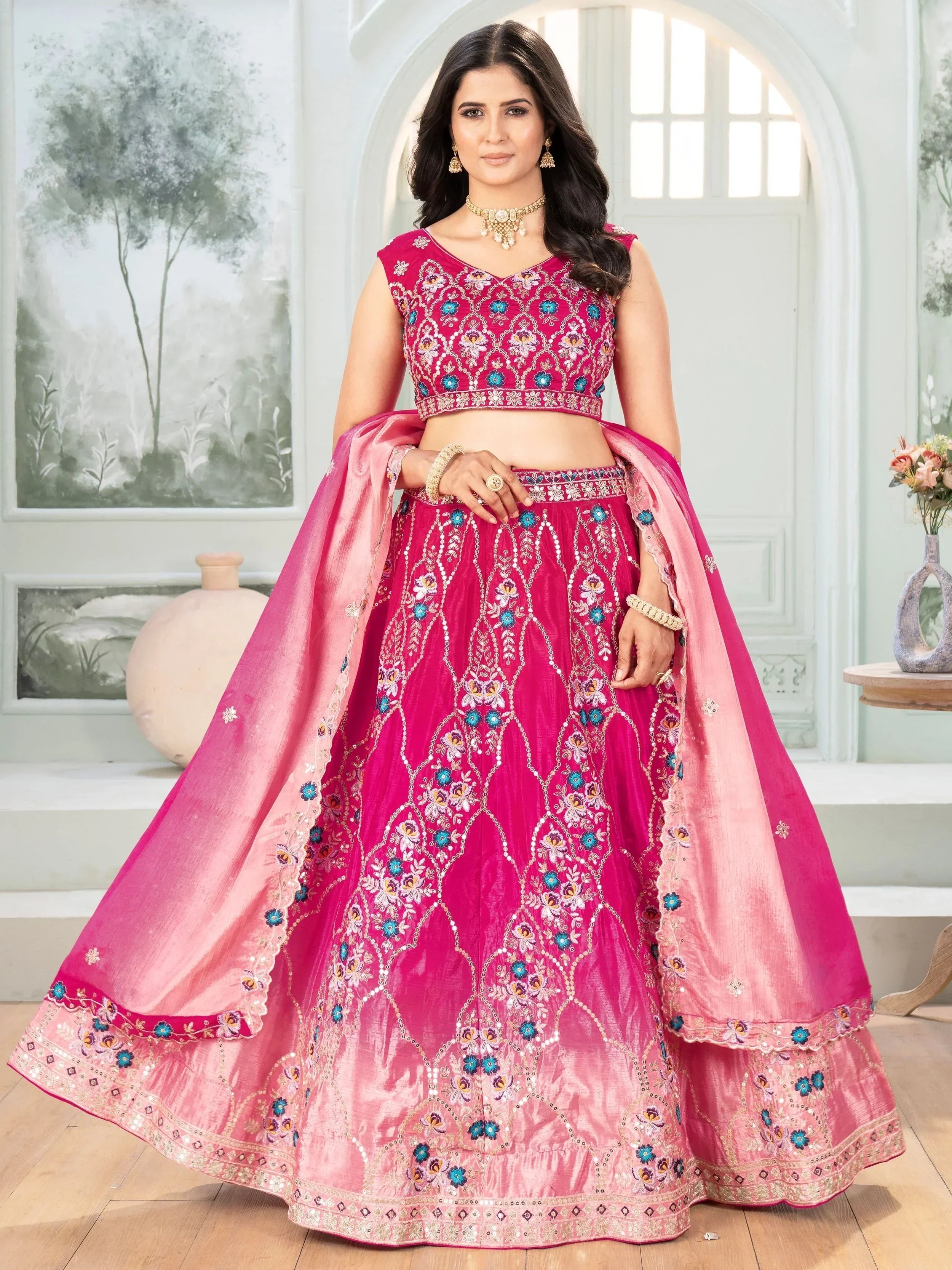 Beautiful Pink Chinon Sequins Embroidered Lehenga Choli With Dupatta