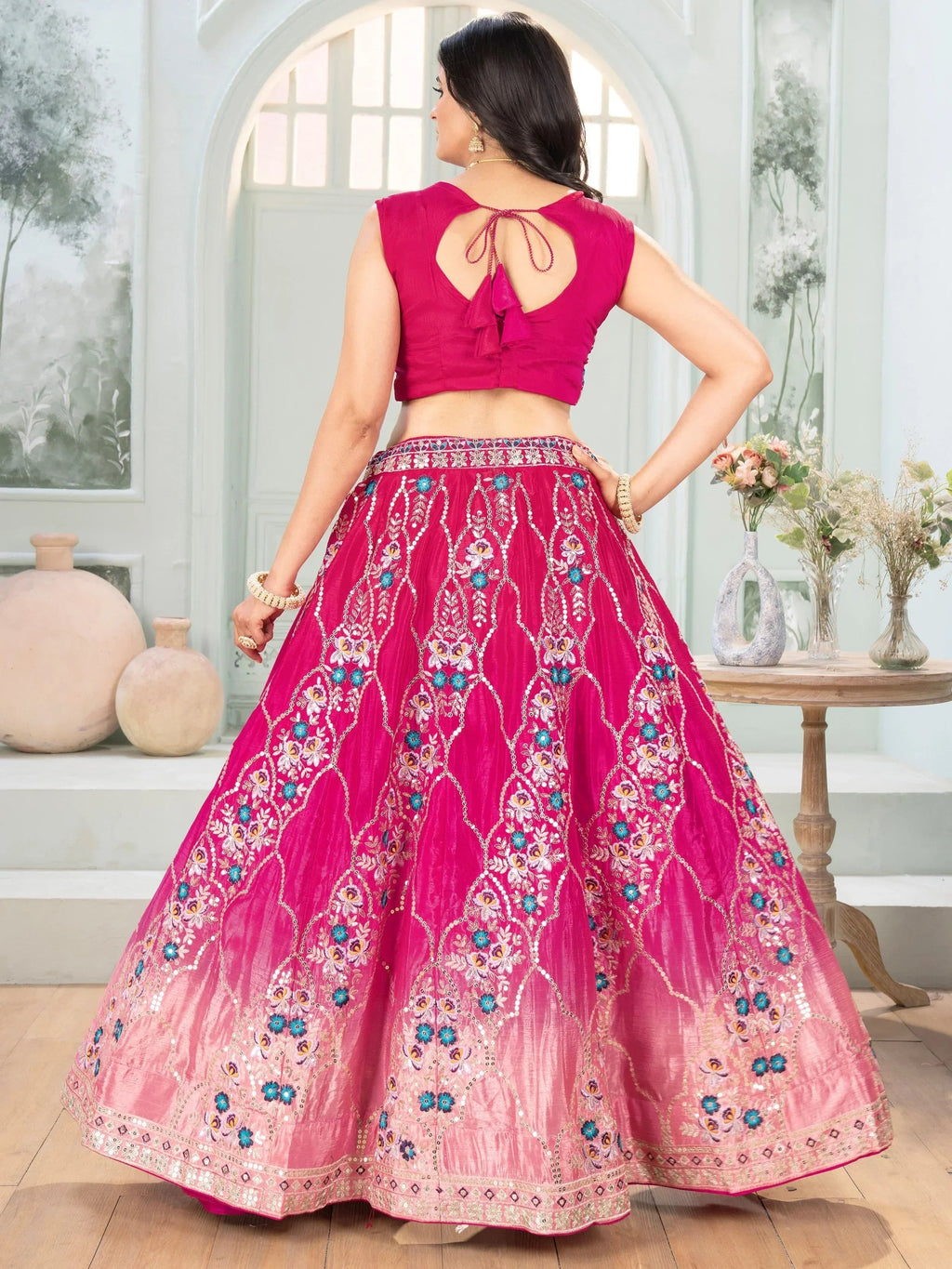 Beautiful Pink Chinon Sequins Embroidered Lehenga Choli With Dupatta