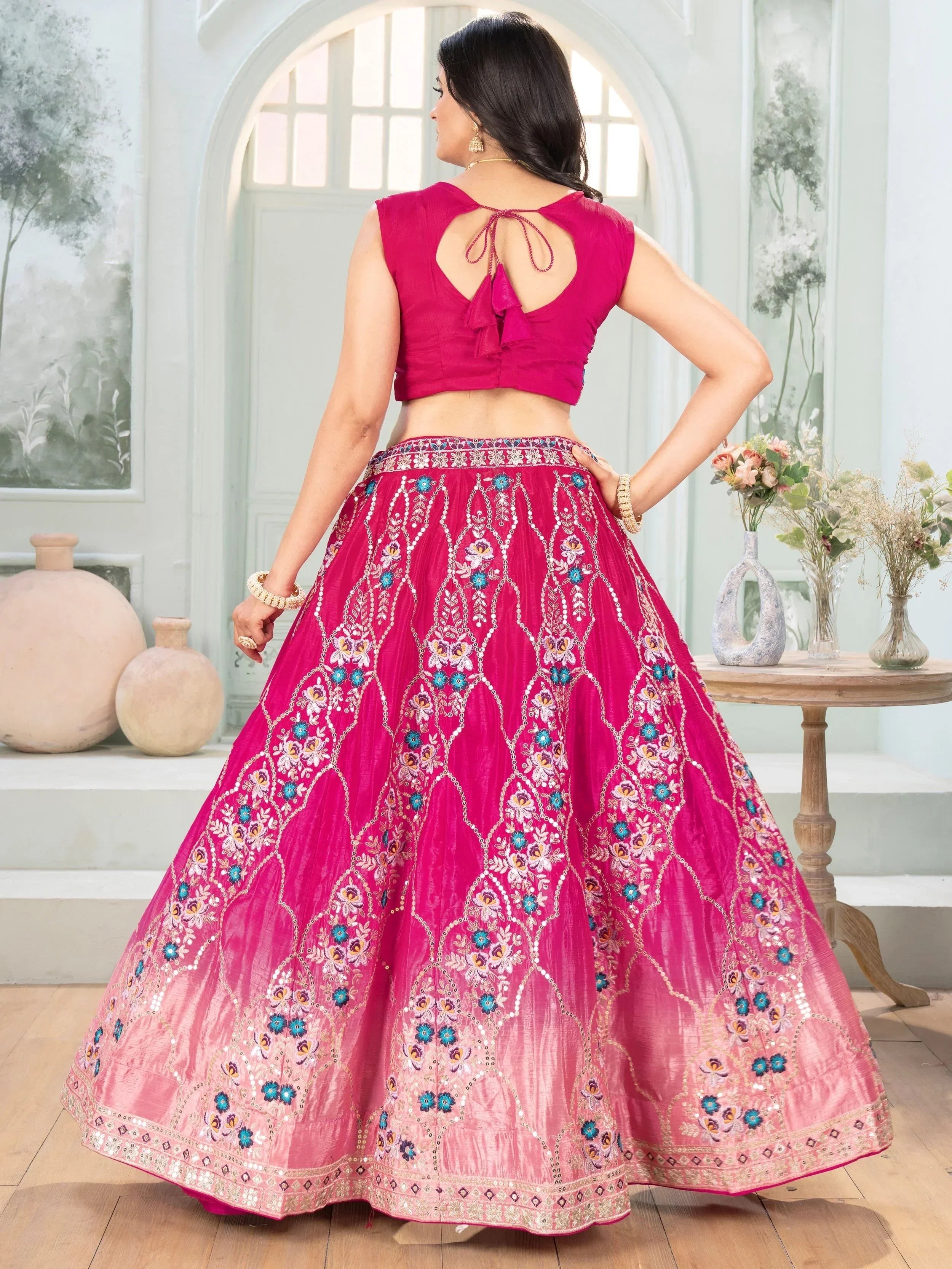 Beautiful Pink Chinon Sequins Embroidered Lehenga Choli With Dupatta