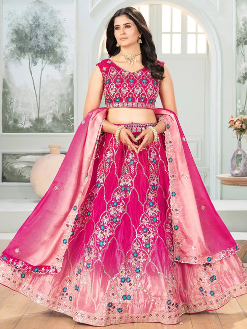 Beautiful Pink Chinon Sequins Embroidered Lehenga Choli With Dupatta