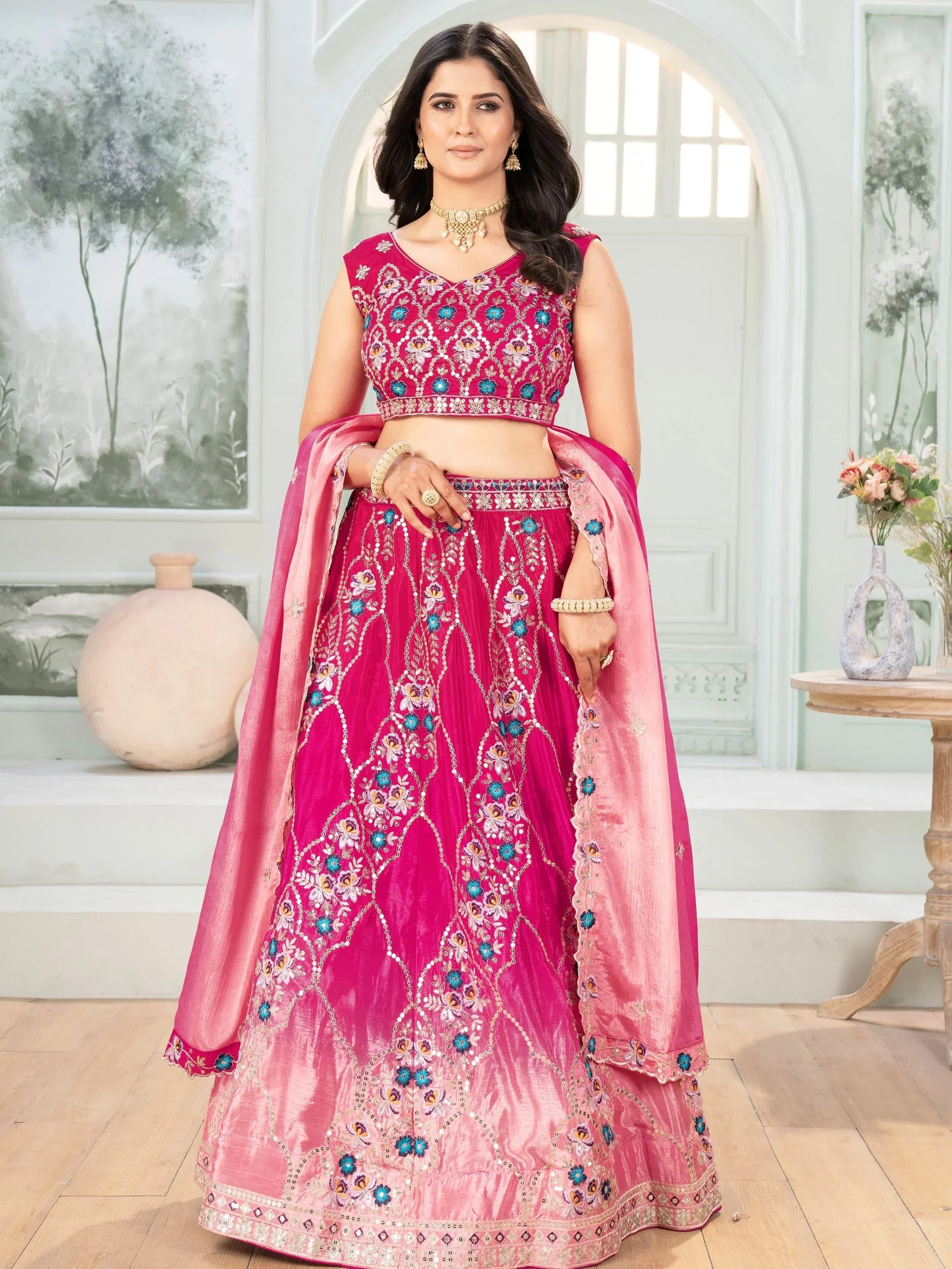 Beautiful Pink Chinon Sequins Embroidered Lehenga Choli With Dupatta