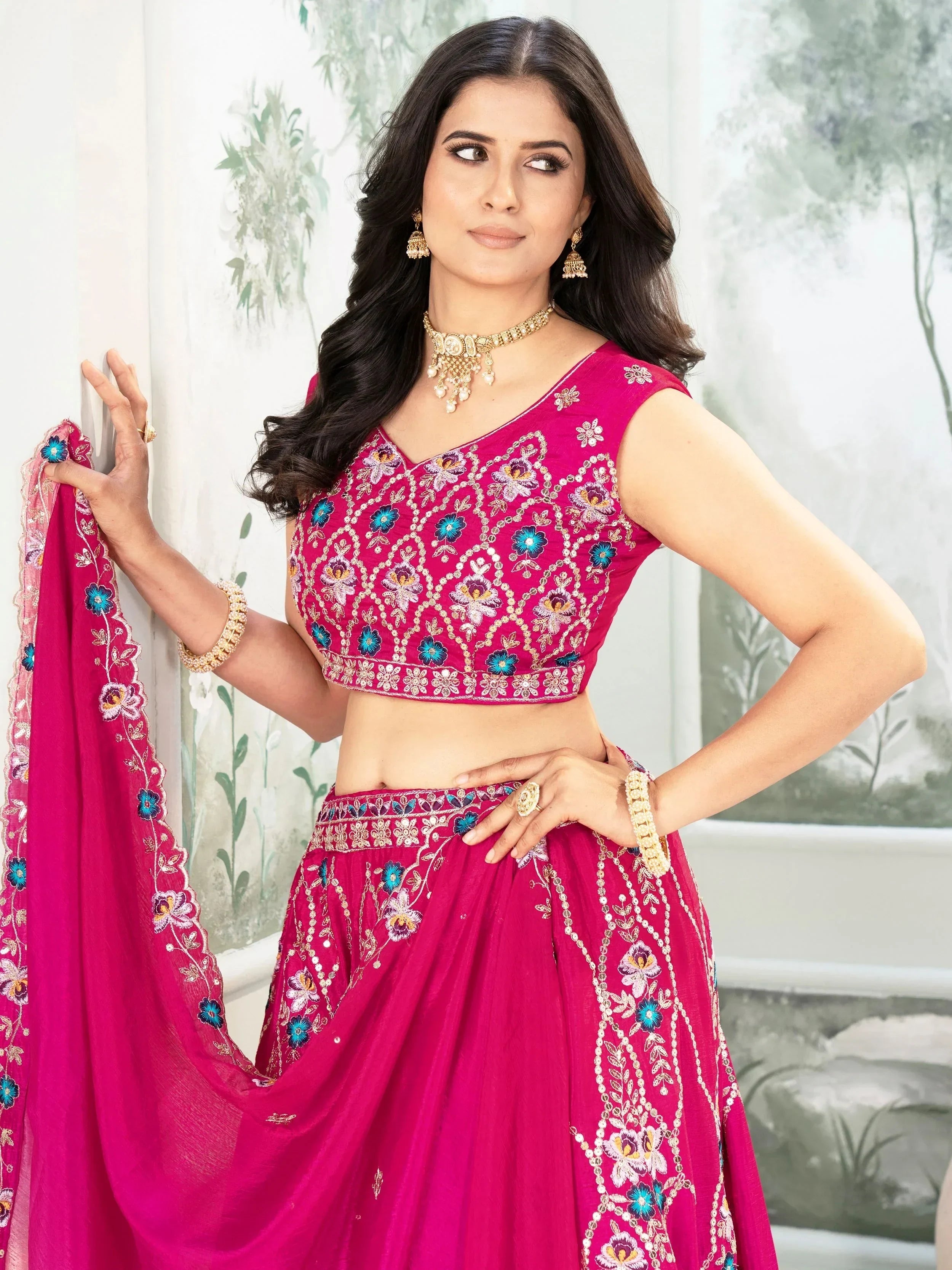 Beautiful Pink Chinon Sequins Embroidered Lehenga Choli With Dupatta