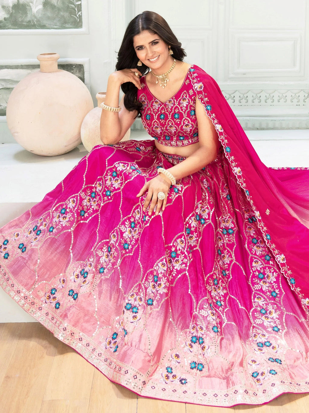 Beautiful Pink Chinon Sequins Embroidered Lehenga Choli With Dupatta