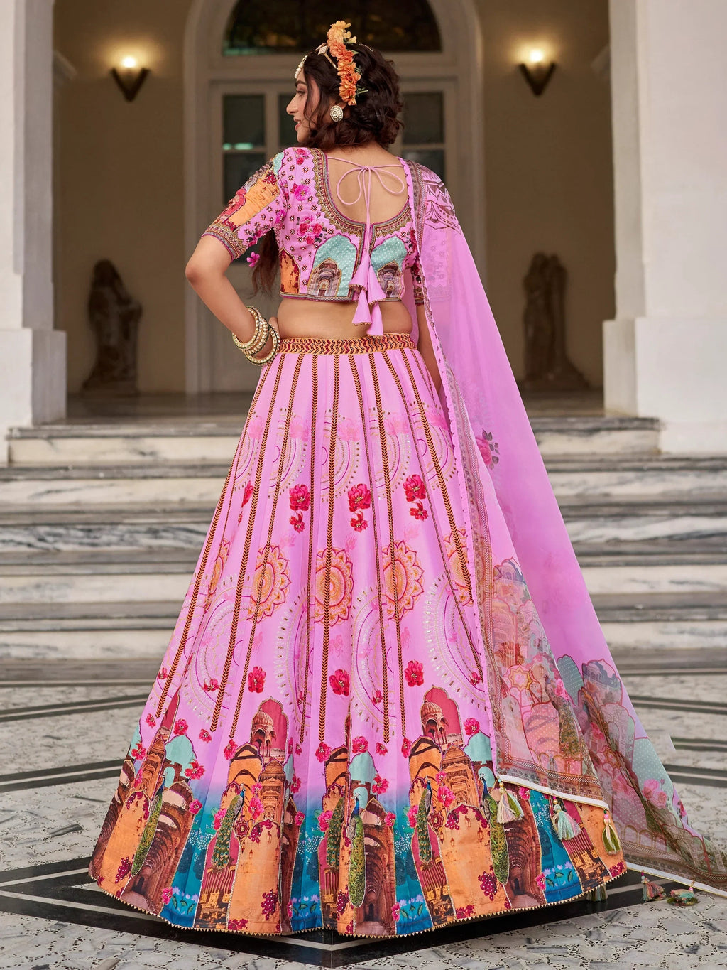 Beautiful Pink Printed Art Silk Wedding Lehenga Choli With Dupatta