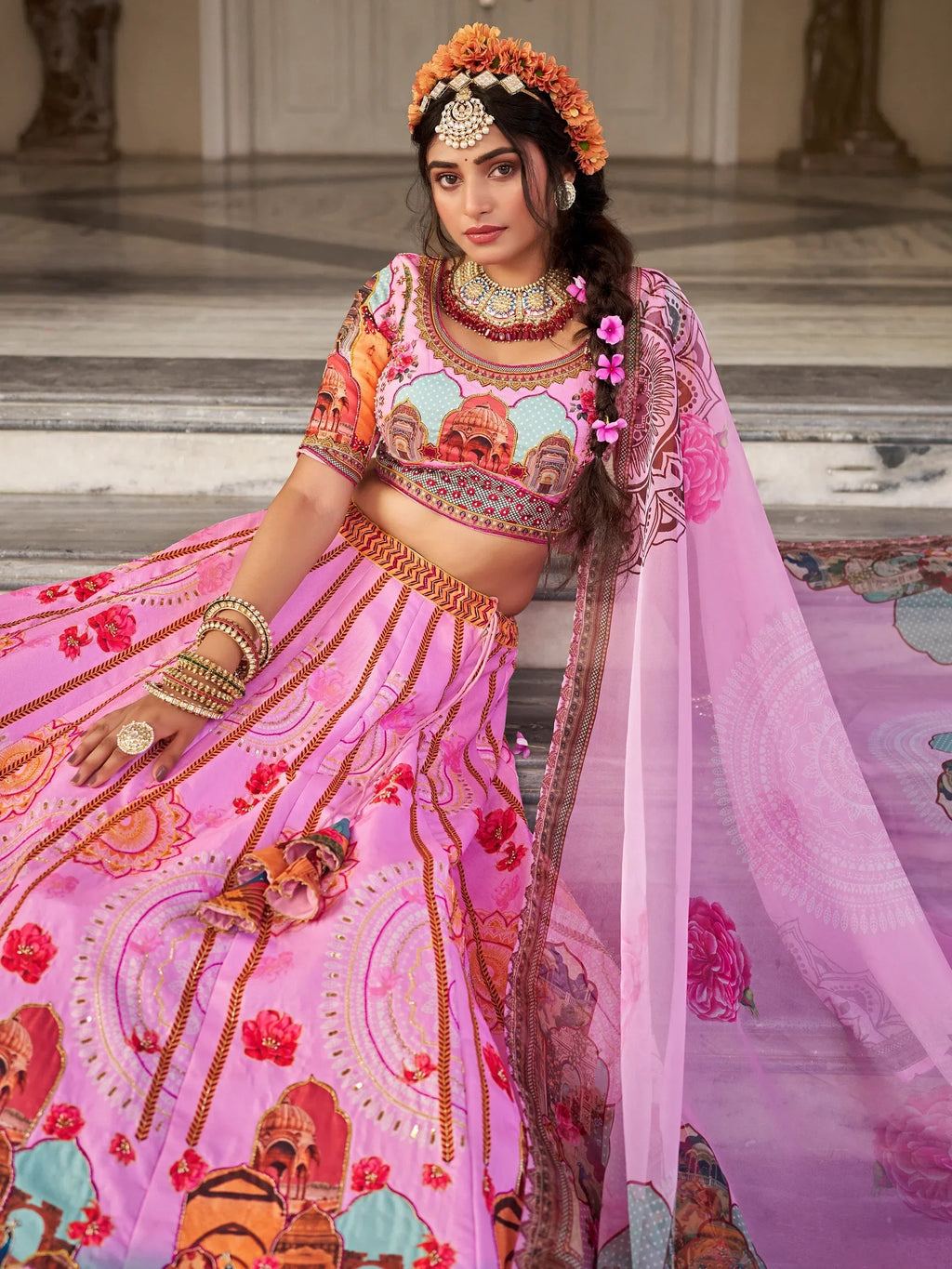 Beautiful Pink Printed Art Silk Wedding Lehenga Choli With Dupatta