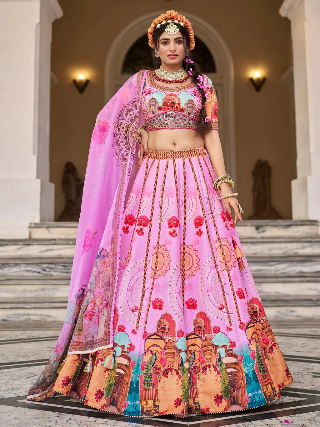 Beautiful Pink Printed Art Silk Wedding Lehenga Choli With Dupatta