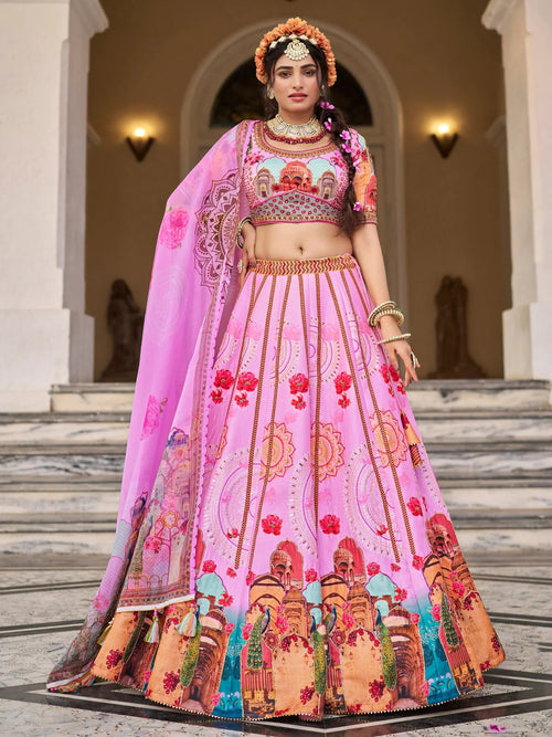 Beautiful Pink Printed Art Silk Wedding Lehenga Choli With Dupatta