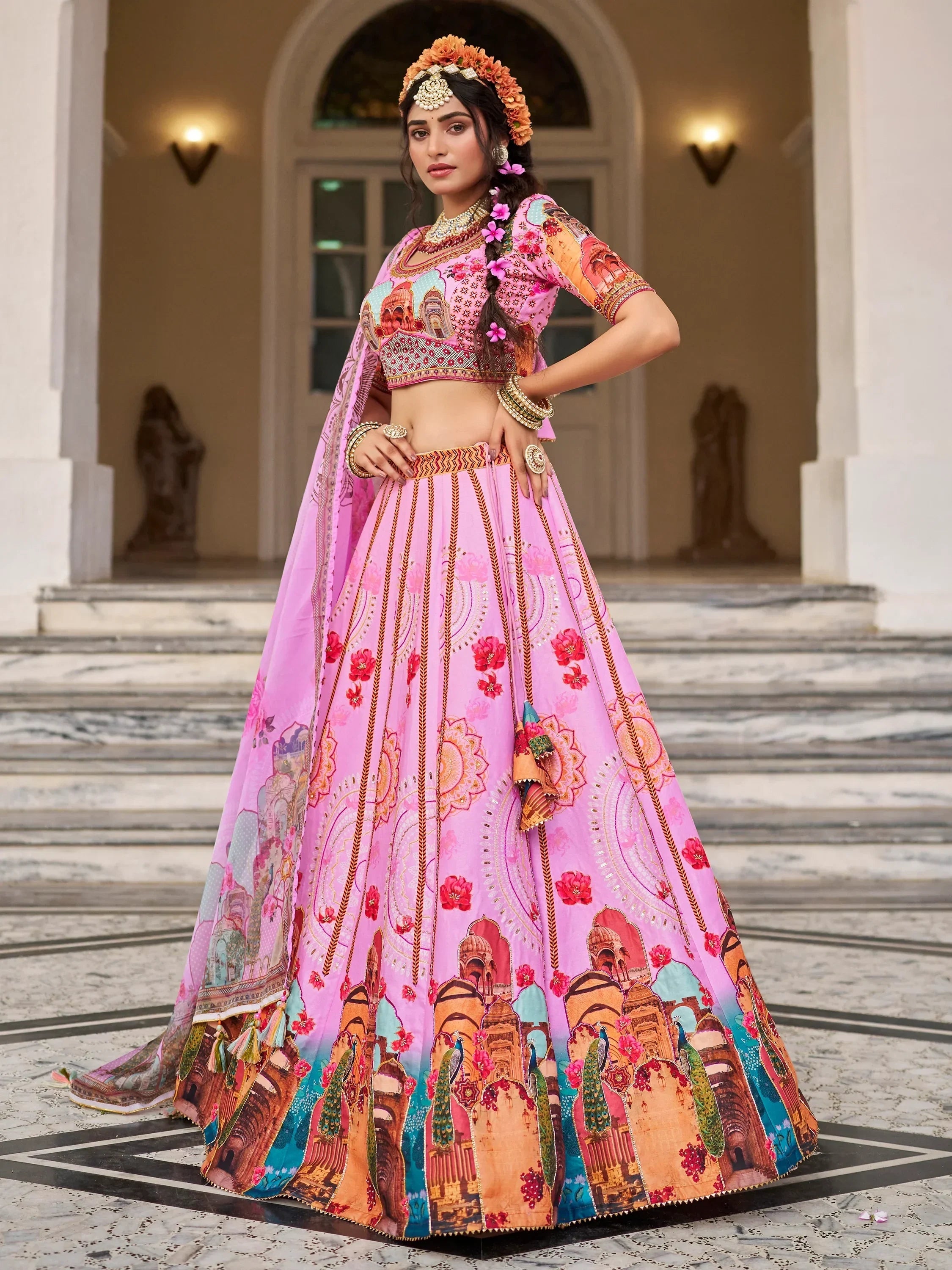 Beautiful Pink Printed Art Silk Wedding Lehenga Choli With Dupatta