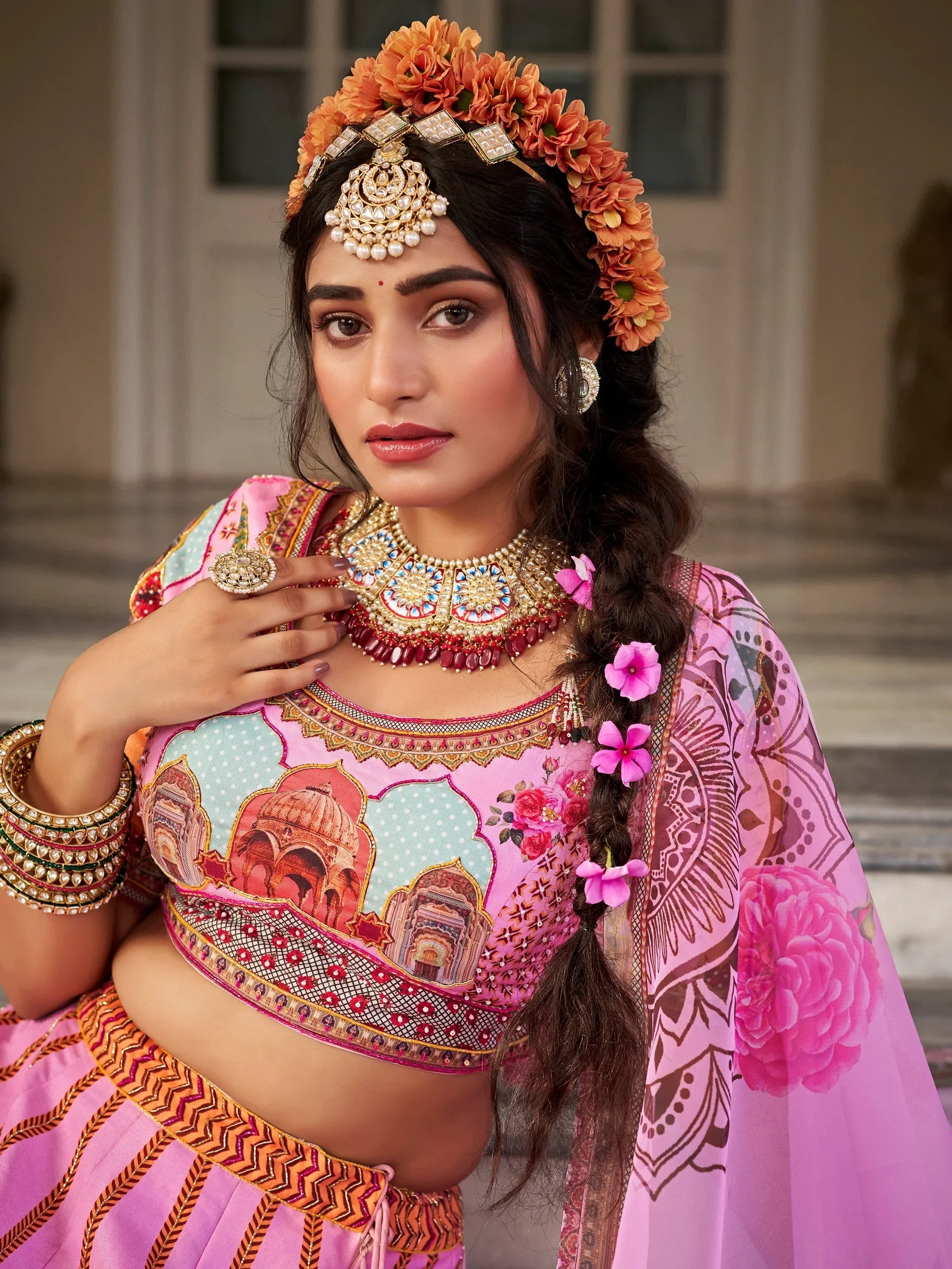Beautiful Pink Printed Art Silk Wedding Lehenga Choli With Dupatta