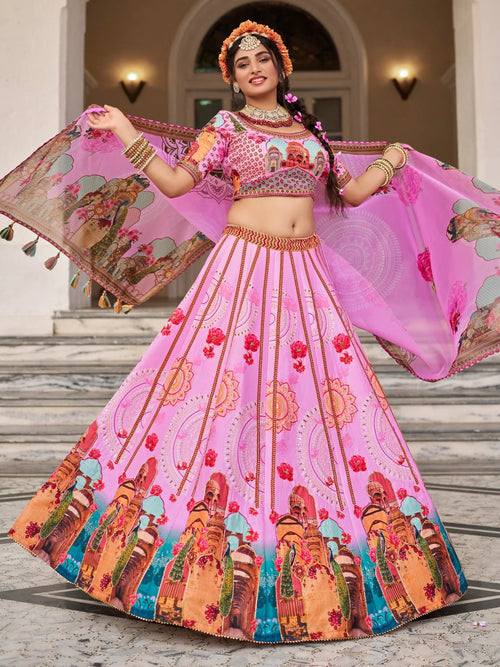 Beautiful Pink Printed Art Silk Wedding Lehenga Choli With Dupatta