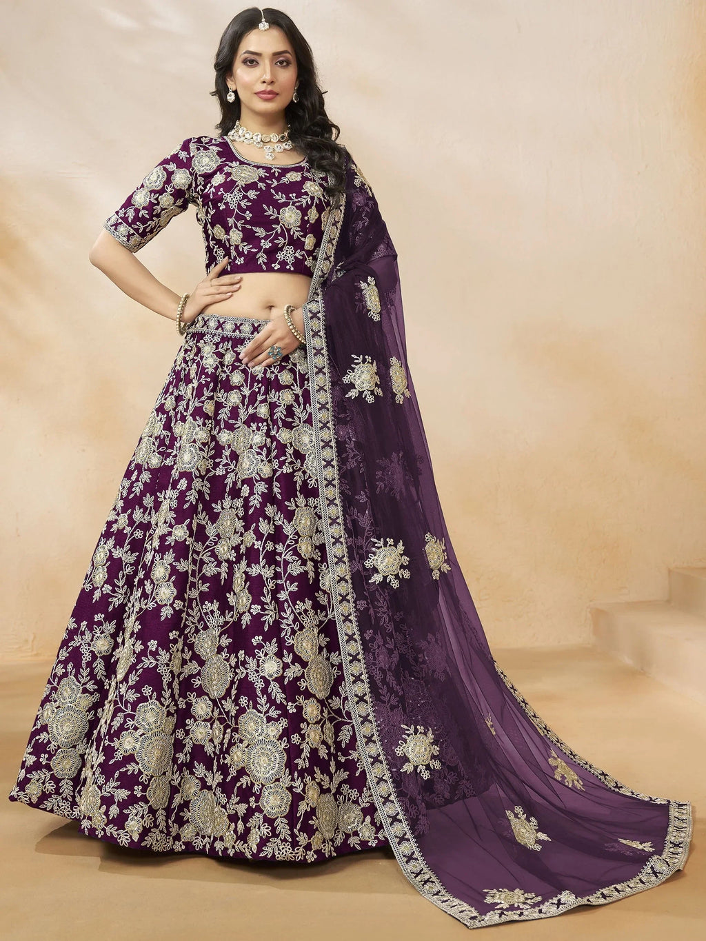 Beautiful Purple Color Embroidered Silk Engagement Wear Lehenga Choli