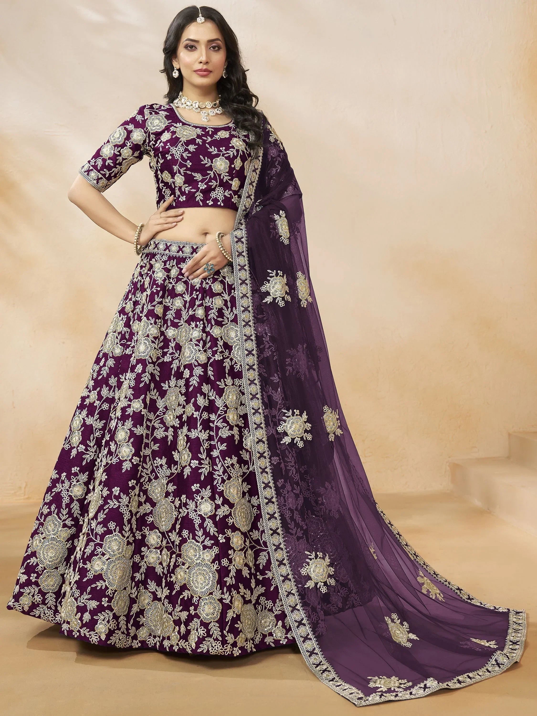 Beautiful Purple Color Embroidered Silk Engagement Wear Lehenga Choli