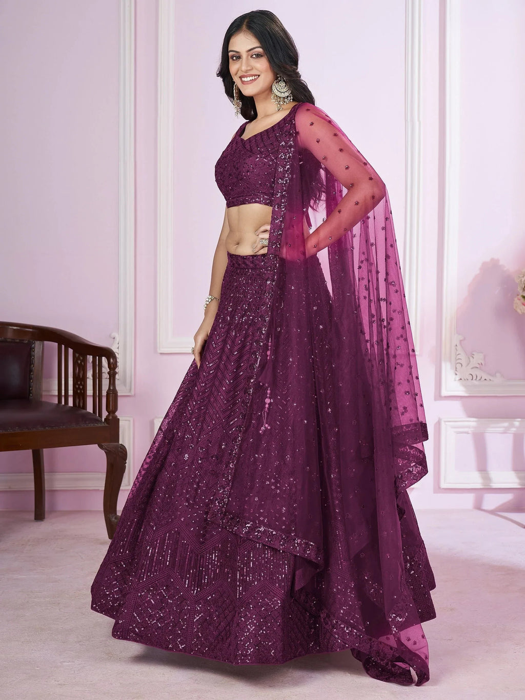 Beautiful Purple Sequins Soft Net Function Wear Lehenga Choli