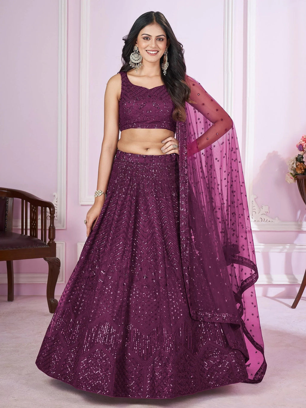 Beautiful Purple Sequins Soft Net Function Wear Lehenga Choli