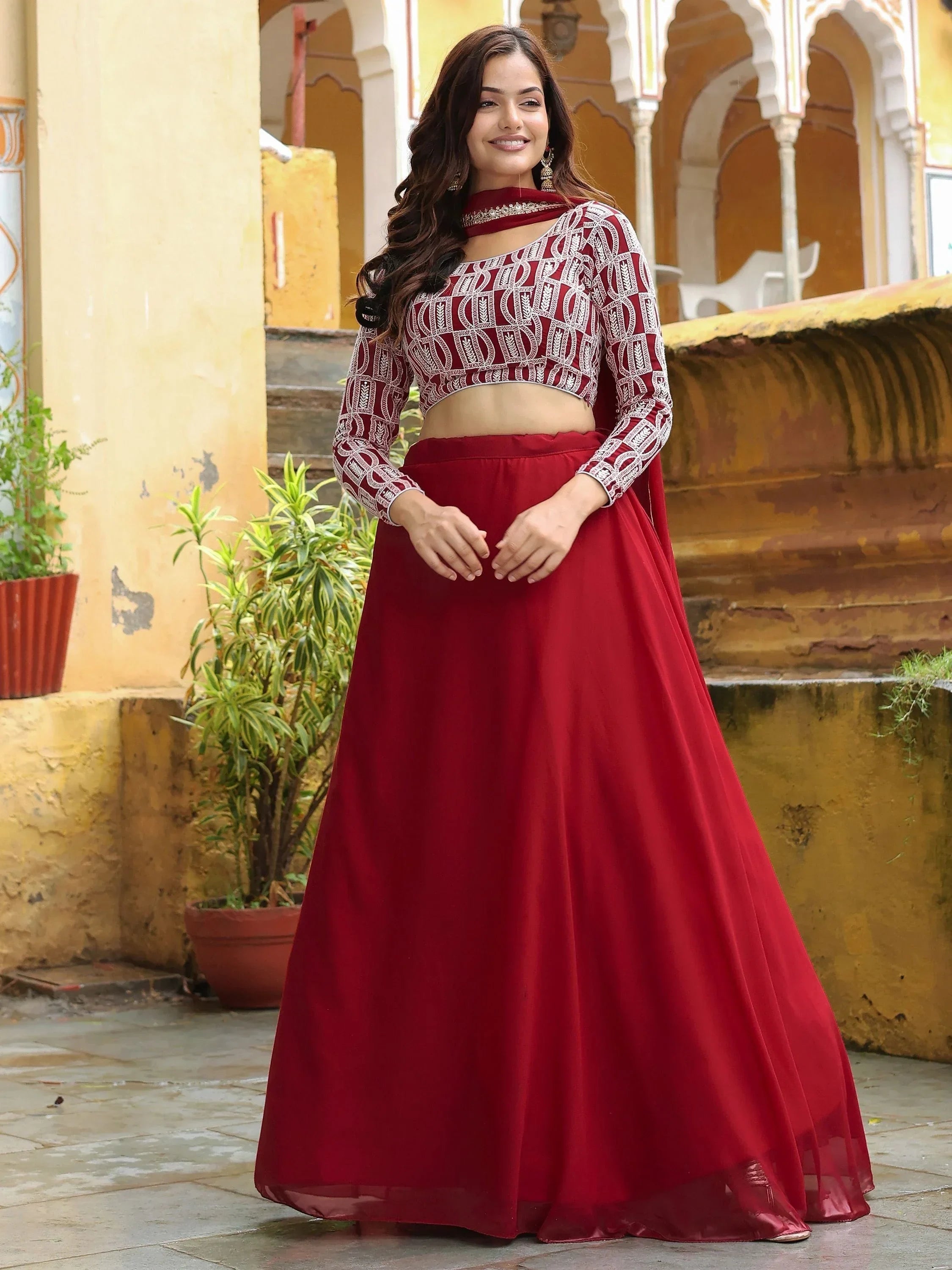 Beautiful Red Sequins Georgette Function Wear Lehenga Choli