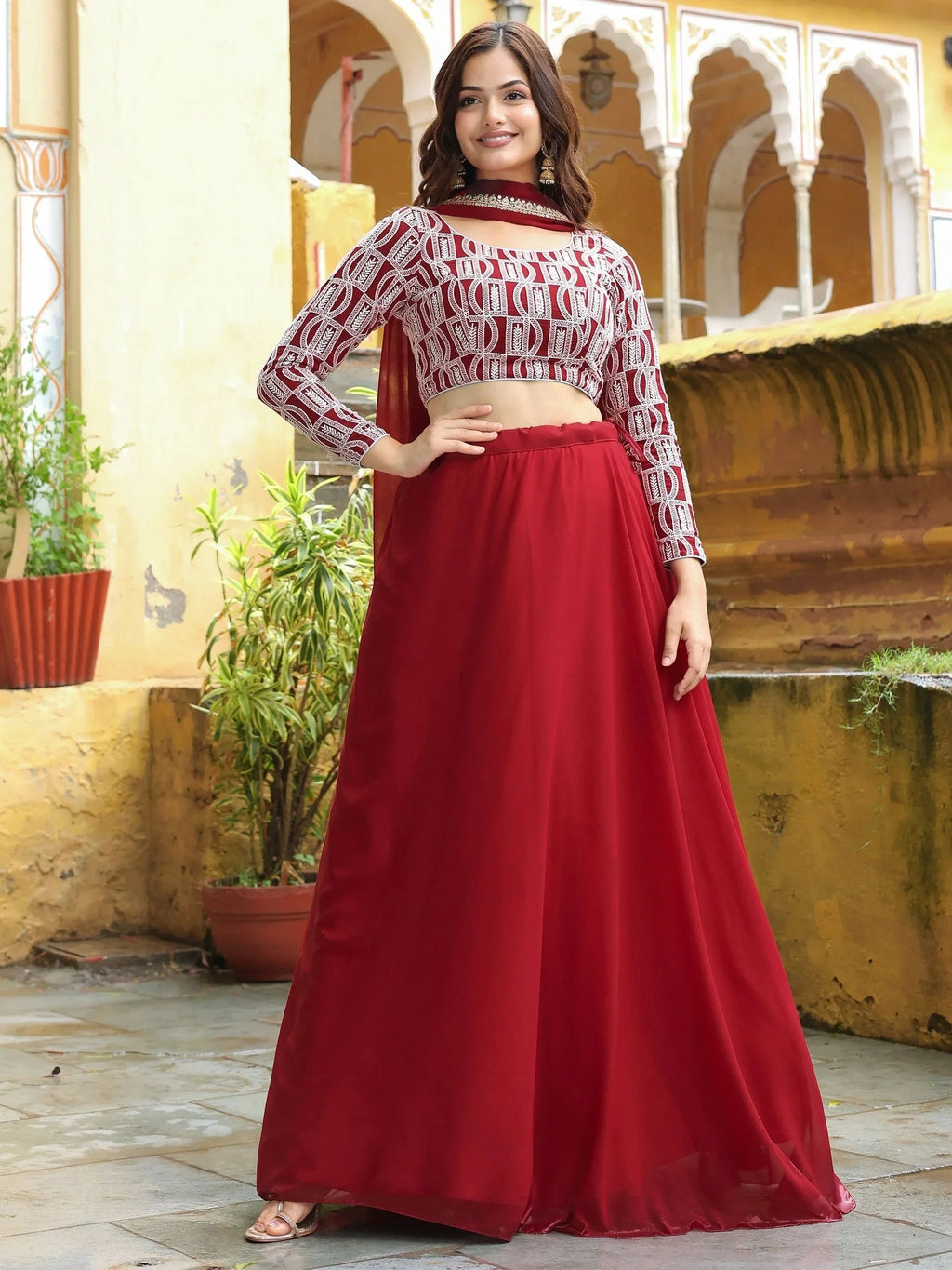 Beautiful Red Sequins Georgette Function Wear Lehenga Choli