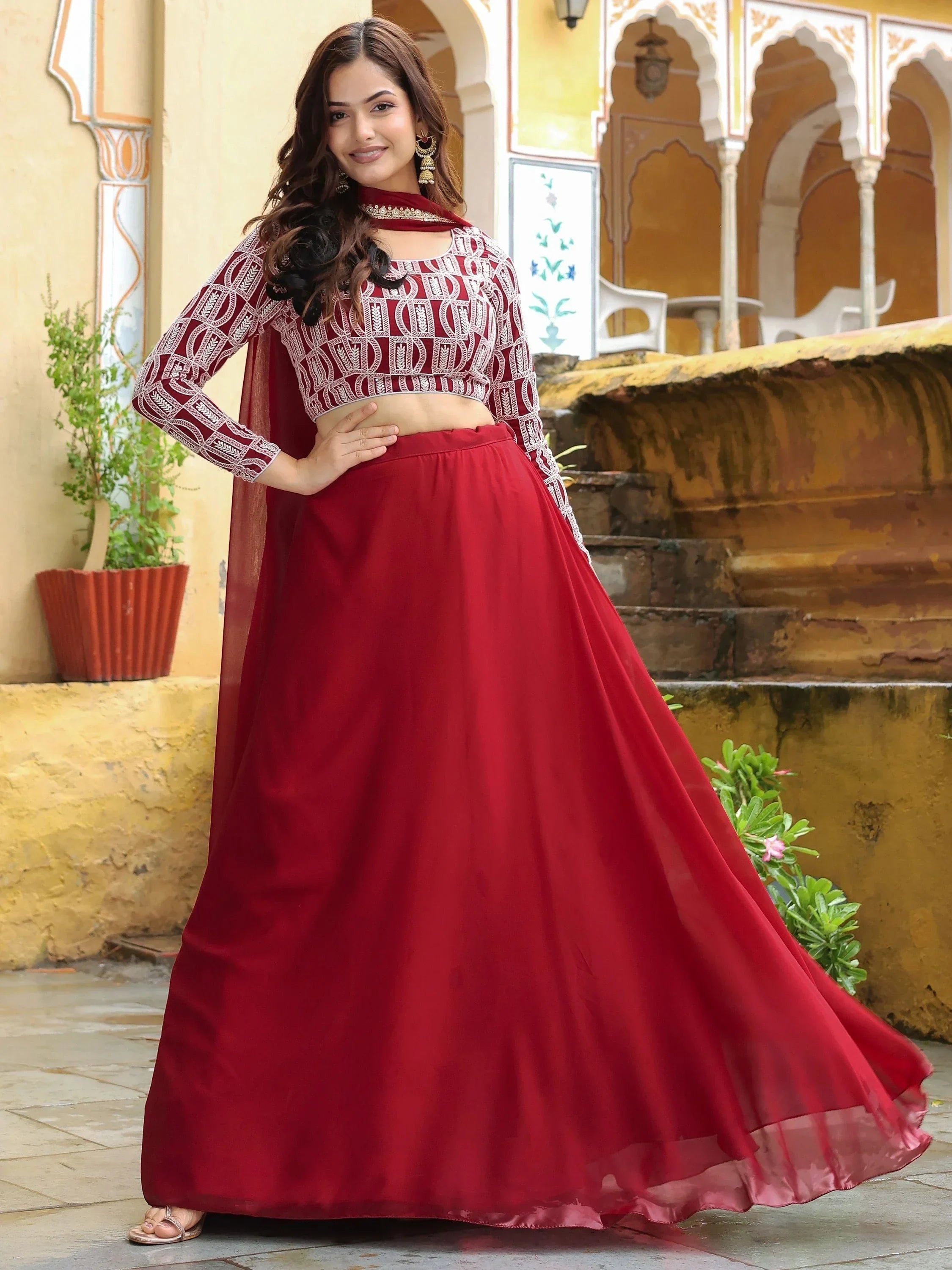 Beautiful Red Sequins Georgette Function Wear Lehenga Choli